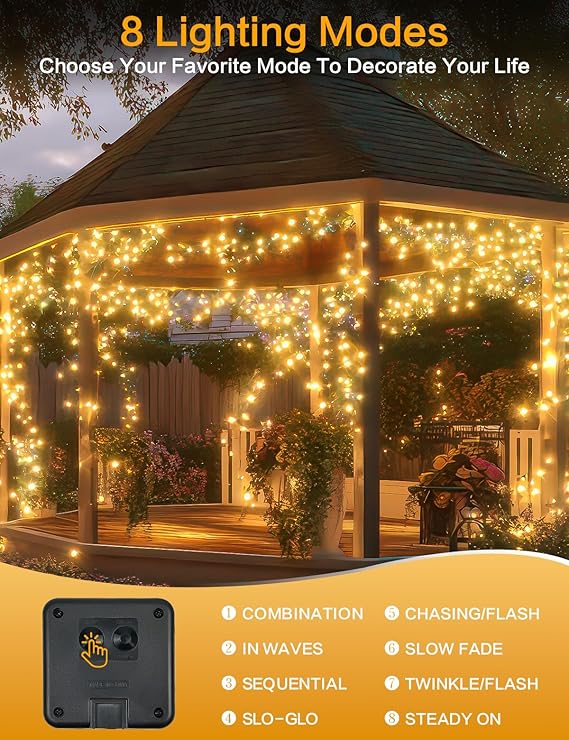 2 Pack Solar String Lights Outdoor 80FT 200 LED Warm White Copper Wire Fairy Lights Waterproof with 8 Modes for Garden Tree Patio Wedding Christmas Decor
