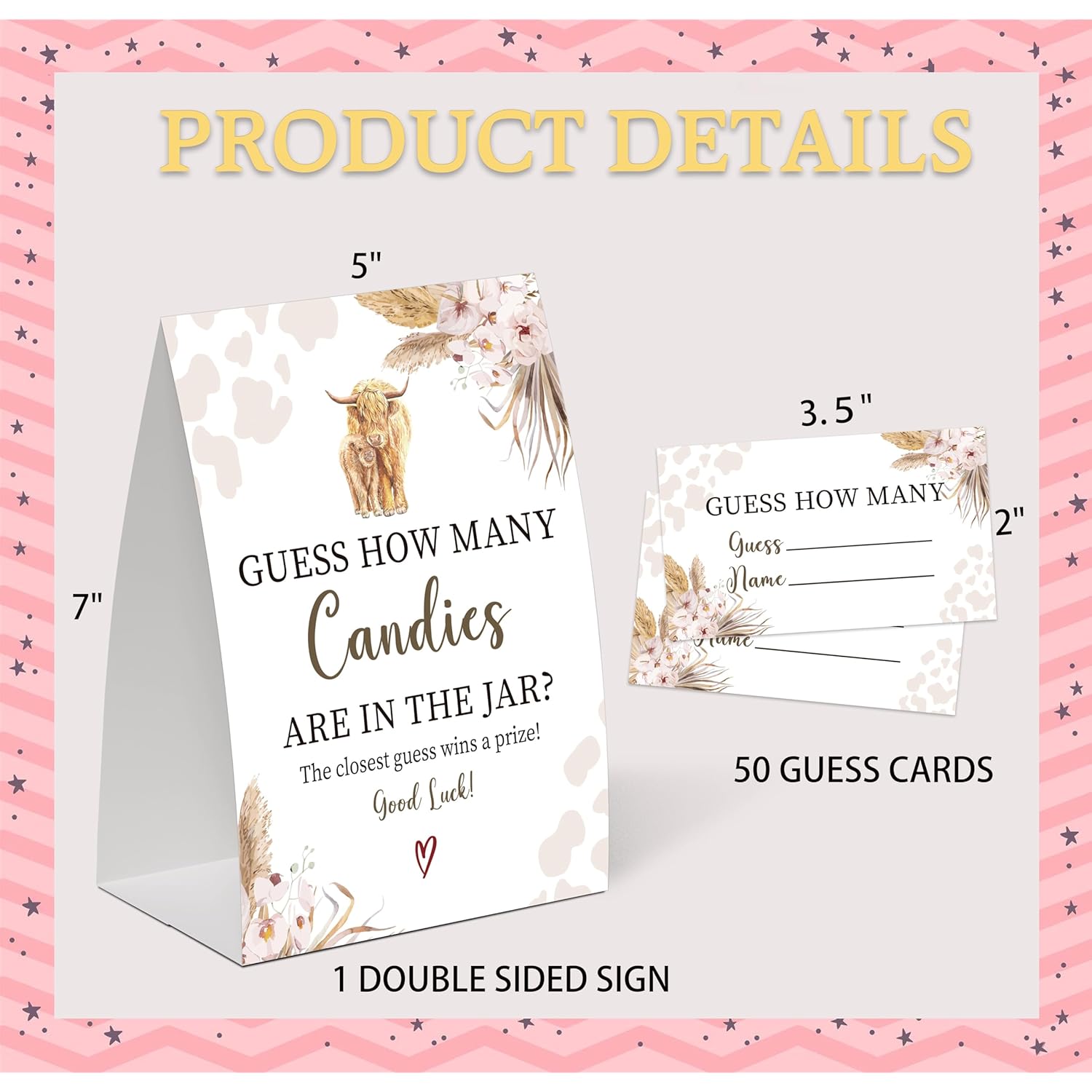 Boho Cow Guess How Many Candies Are In The Jar Game For Baby Shower, Pack Of One 5X7 Sign And 50 Guessing Cards, Cow Baby Shower Decoration, Gender Neutral Party Supplies - Gc05