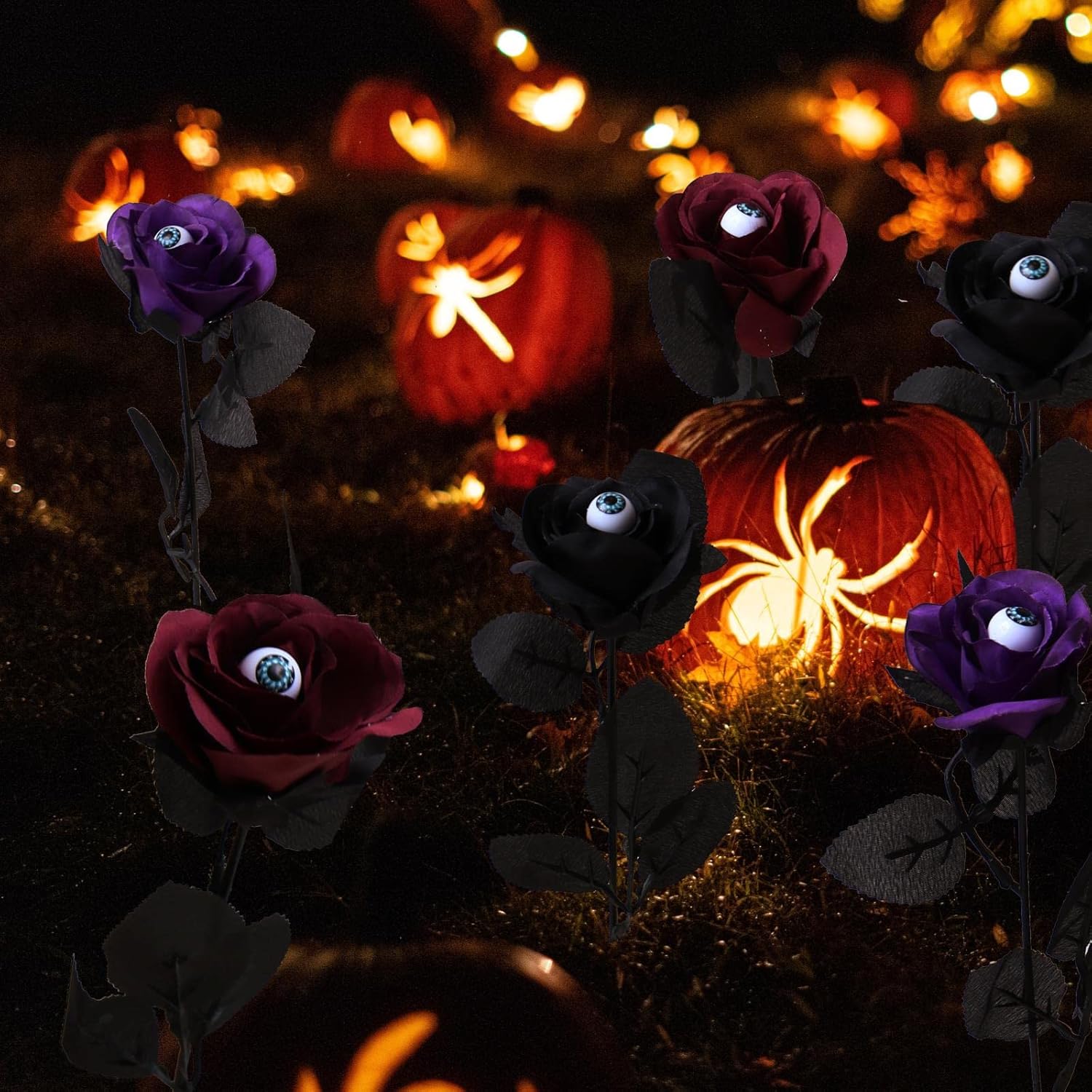 Halloween Flowers With Eyes Decorations, 12Pcs Black Red Purple Roses With Eyeballs, Artificial Flowers With Stem Bouquets Arrangements For Pot Garland Party Decor
