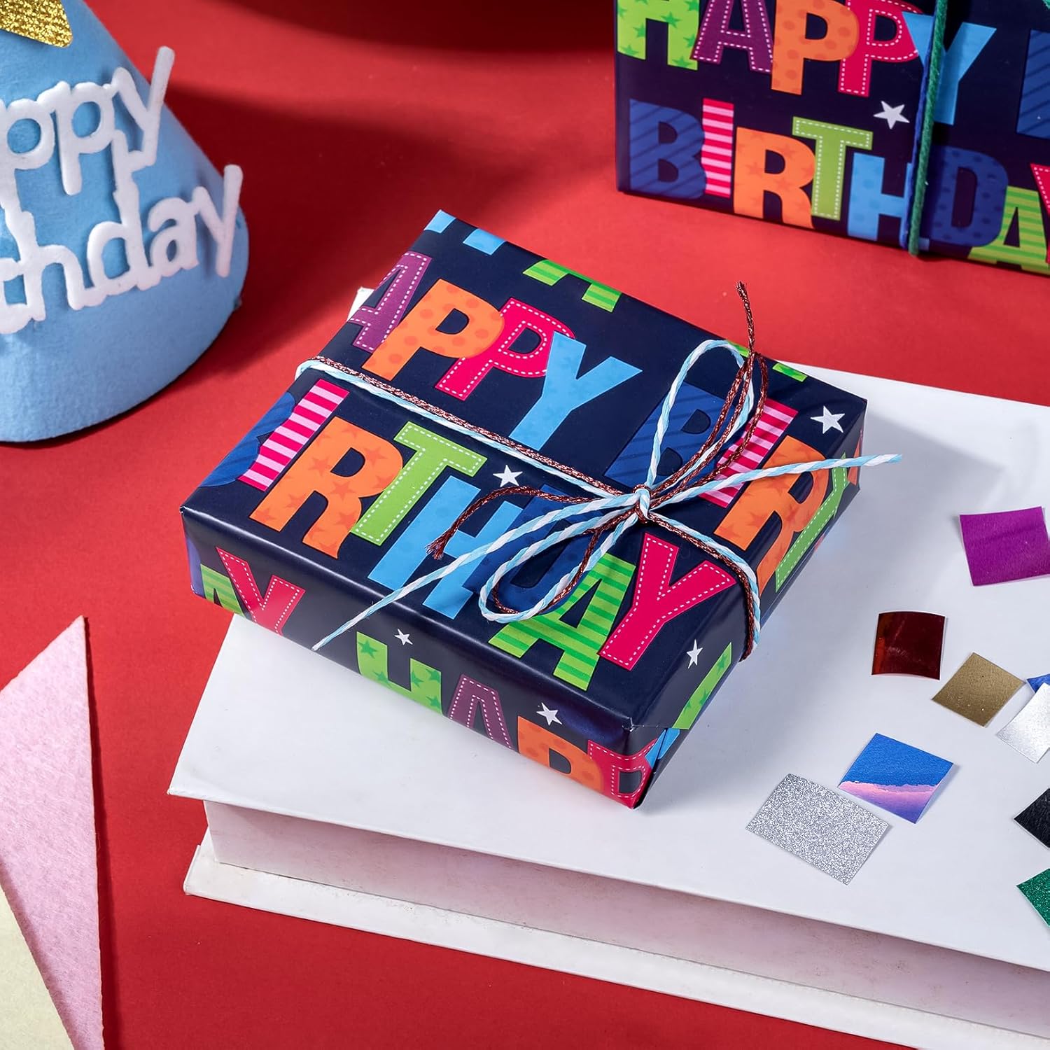 Birthday Wrapping Paper - Mini Roll - 17 Inch X 33 Feet - Blue Happy Bday Wrapping Paper For Kids Boys Adult Birthday, Baby Shower, Wedding