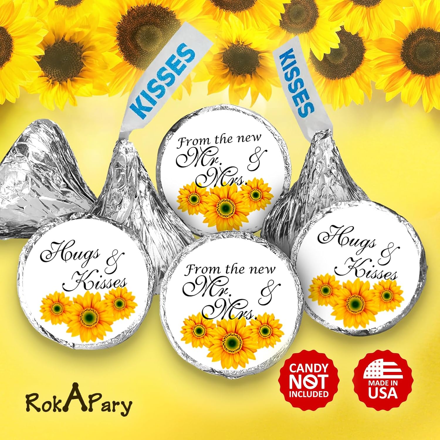 324 Sunflower Hugs And Kisses From The New Mr. & Mrs. Kisses Wedding Stickers, Floral Chocolate Drops Labels Stickers For Weddings, Bridal Shower Engagement Party, Bride And Groom Favors. Made In Usa