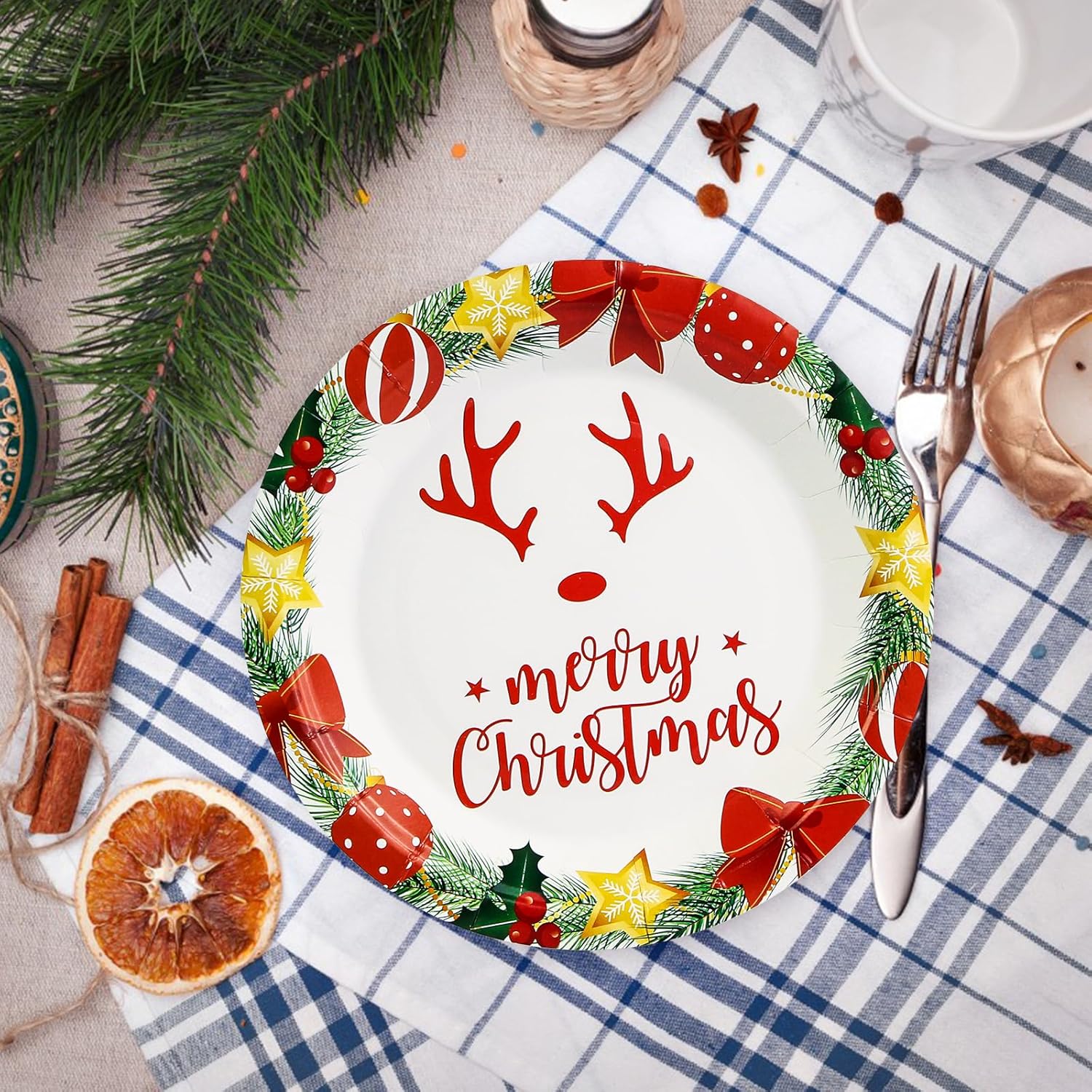 50 Pack Christmas Paper Plates 7 Inch, Merry Christmas Antlers Disposable Paper Plates Christmas Dessert Plates Salad Plates For Christmas Party Supplies (White)