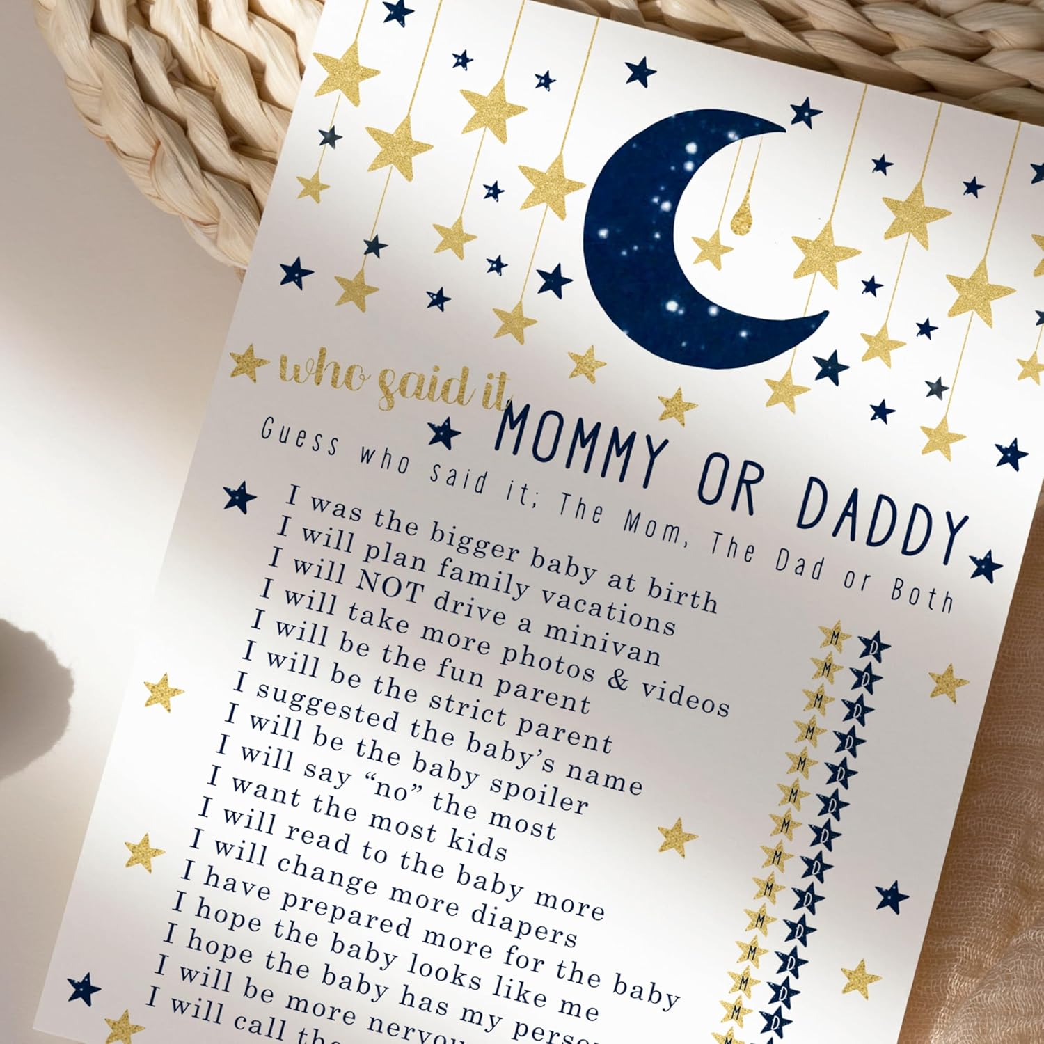 Twinkle Little Star Baby Shower Games For Boys - 25 Guess Who Mommy Or Daddy Game Cards - Fun Guessing Activities For Guests - Gender Neutral Star And Moon Theme