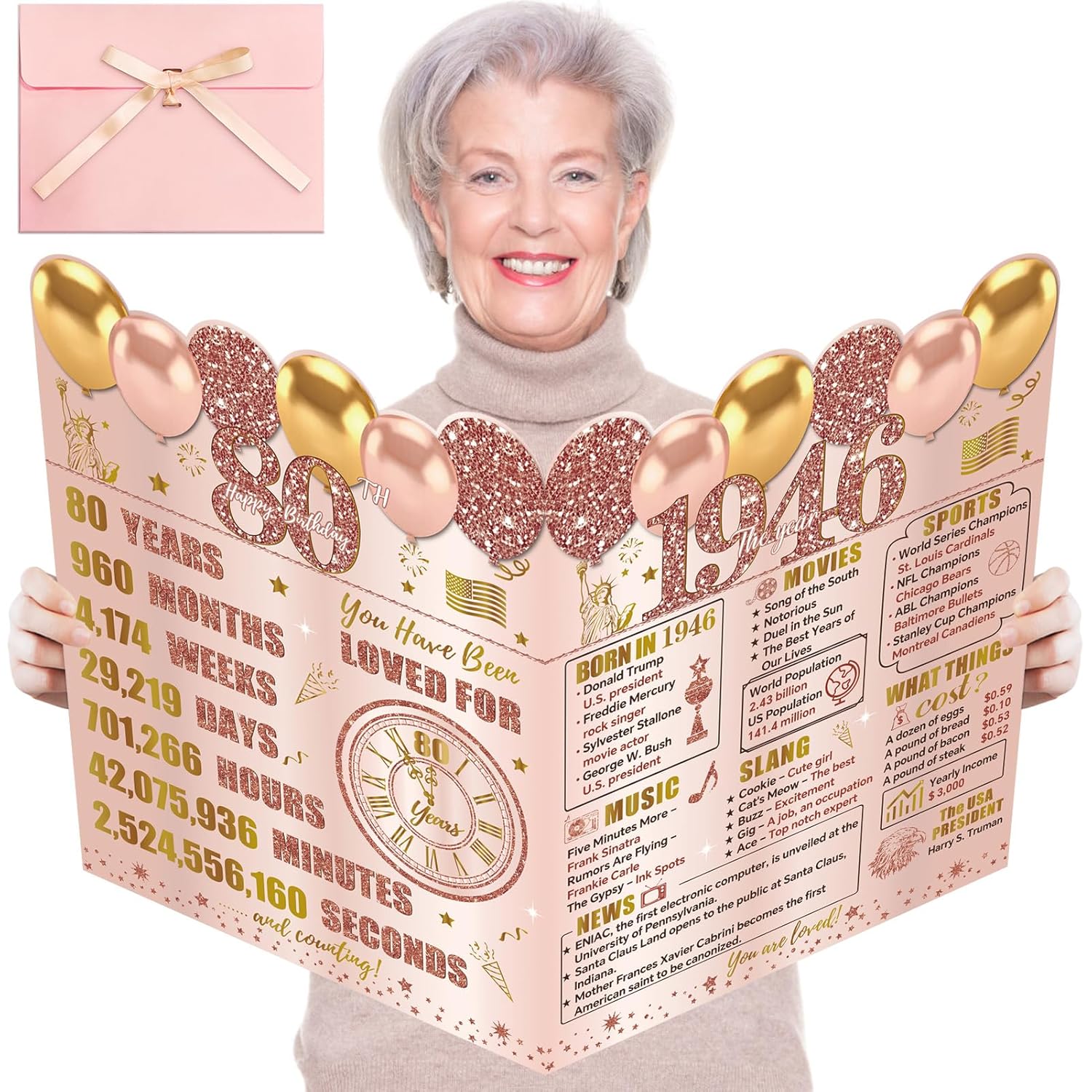 Large 80Th Birthday Card For Women With Envelope, Pink Rose Gold Back In 1946 Birthday Cards Jumbo Happy 80Th Birthday Decorations Greeting Card Guest Book Eighty Party Supplies Gifts