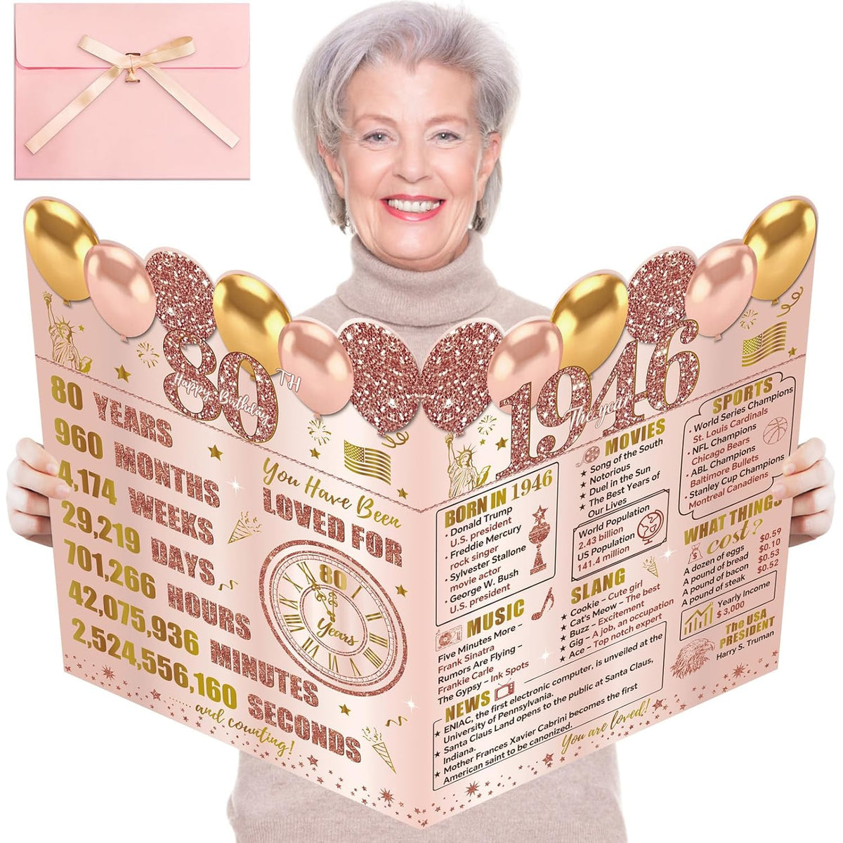 Large 80Th Birthday Card For Women With Envelope, Pink Rose Gold Back In 1946 Birthday Cards Jumbo Happy 80Th Birthday Decorations Greeting Card Guest Book Eighty Party Supplies Gifts