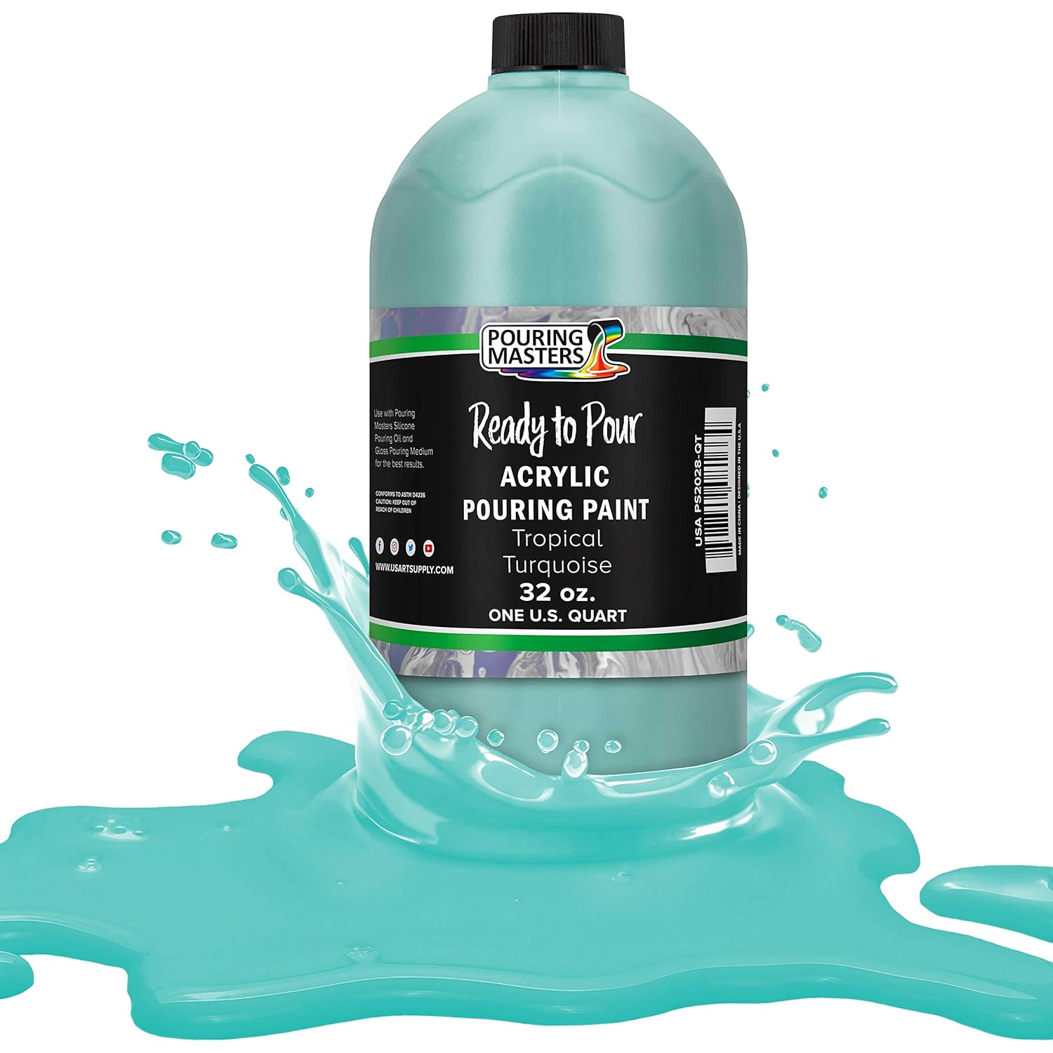 Pouring Masters Tropical Turquoise Ready To Pour Acrylic Pouring Paint - Premium 32-Ounce Pre-Mixed Fluid Acrylic Paint - Fluid Art Supplies For Canvas, Wood, Paper, Tile & Rocks