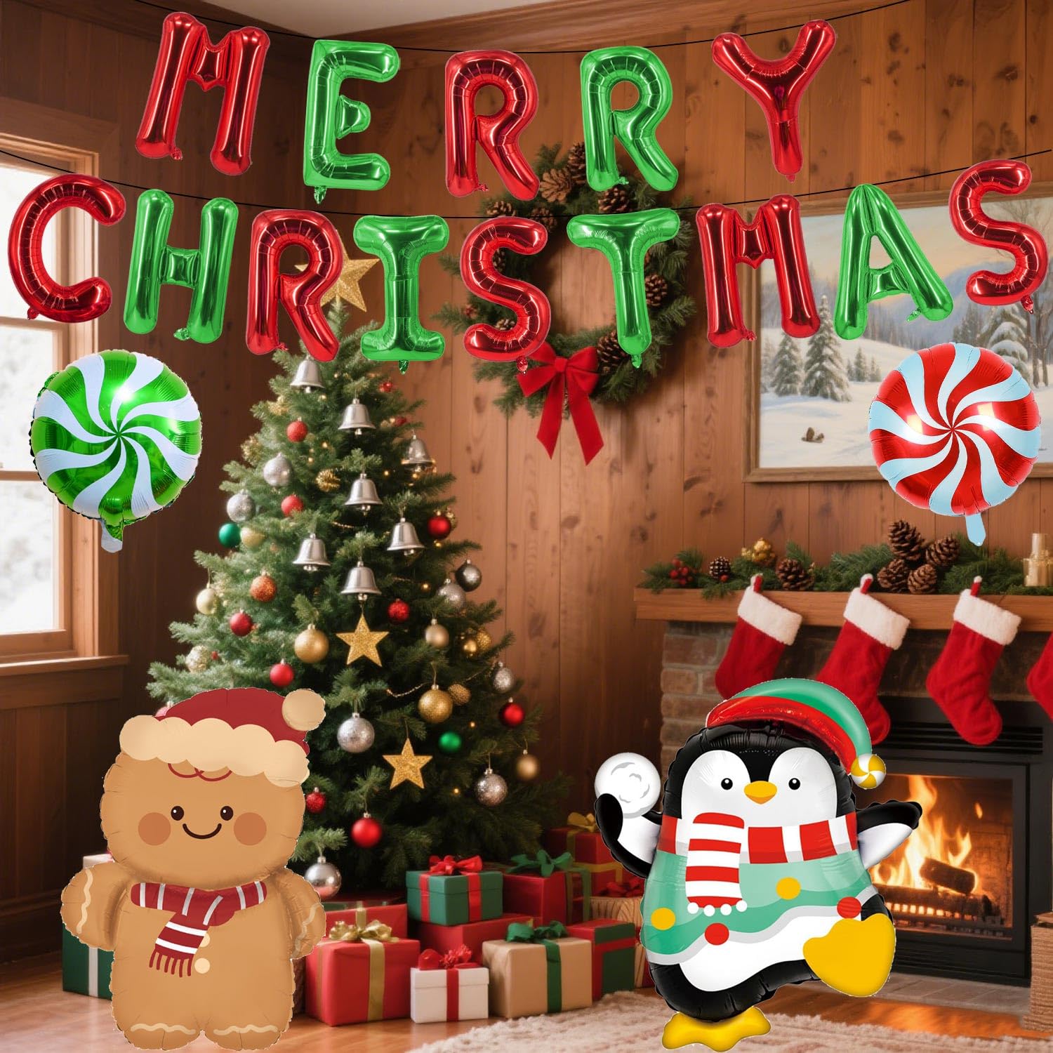 Christmas Foil Balloons Red And Green Merry Christmas Balloons Cute Penguin Candy Lollipop Gingerbread Man Balloon For New Year Themed Party Decorations Xmas Party Supplies Sets-18 Pcs
