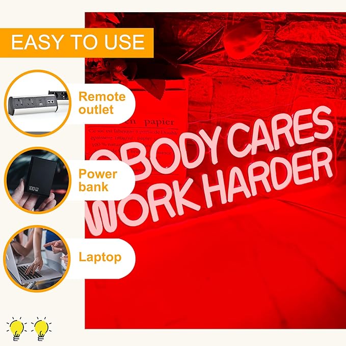 Nobody Cares Work Harder Neon Sign Motivational LED Wall Light for Gym Office Bedroom Decor