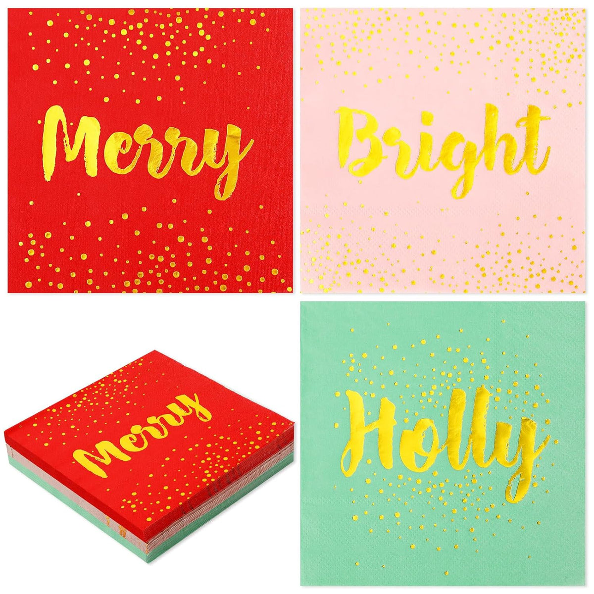 75Pcs Christmas Paper Napkin Gold Foil Merry Bright Holly Disposable Dinner Napkin Red Pink Green Luncheon Napkin For Xmas Winter Party Supplies Table Decor