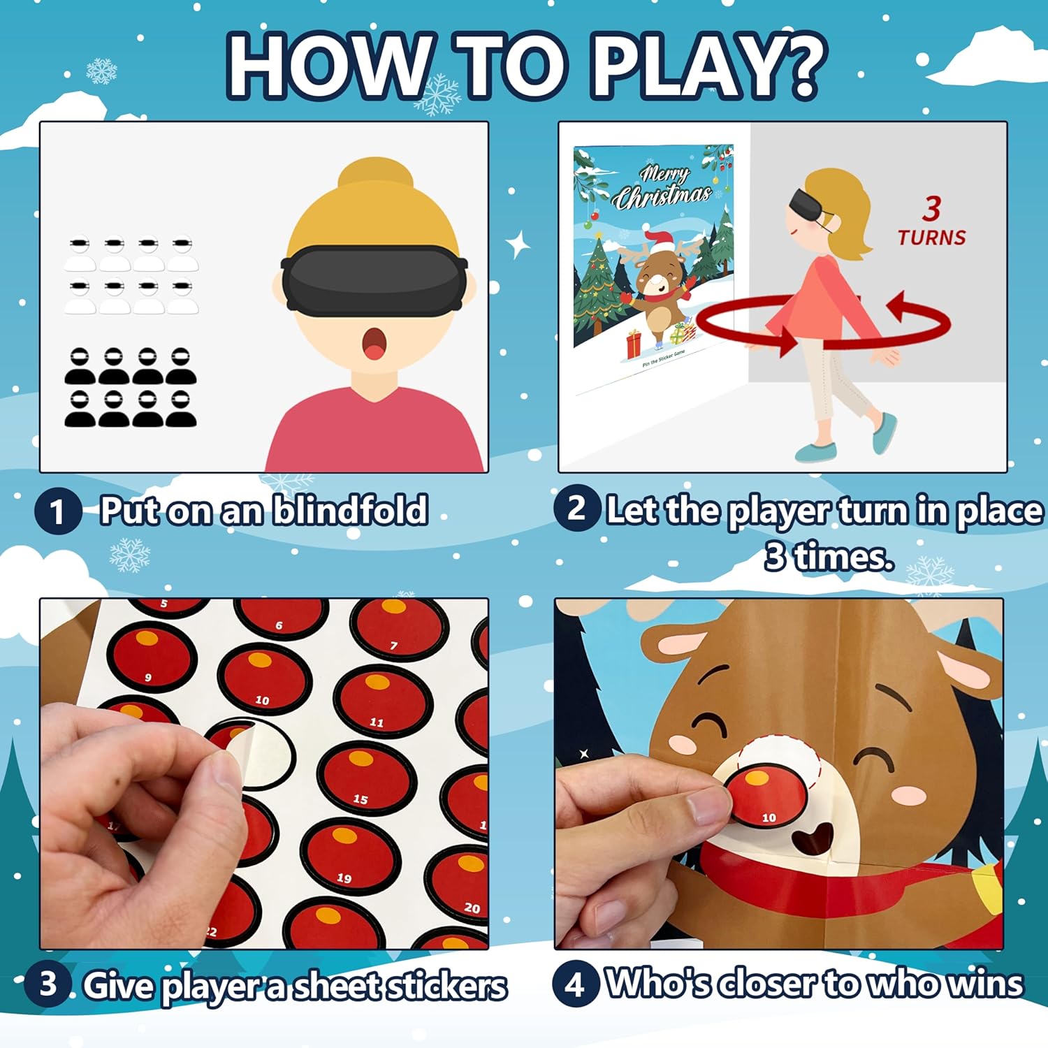 Christmas Party Games For Kids Families, Pin The Nose On The Reindeer Sticker Game Christmas Activities For Kids Adults, Xmas Holiday Party Favors