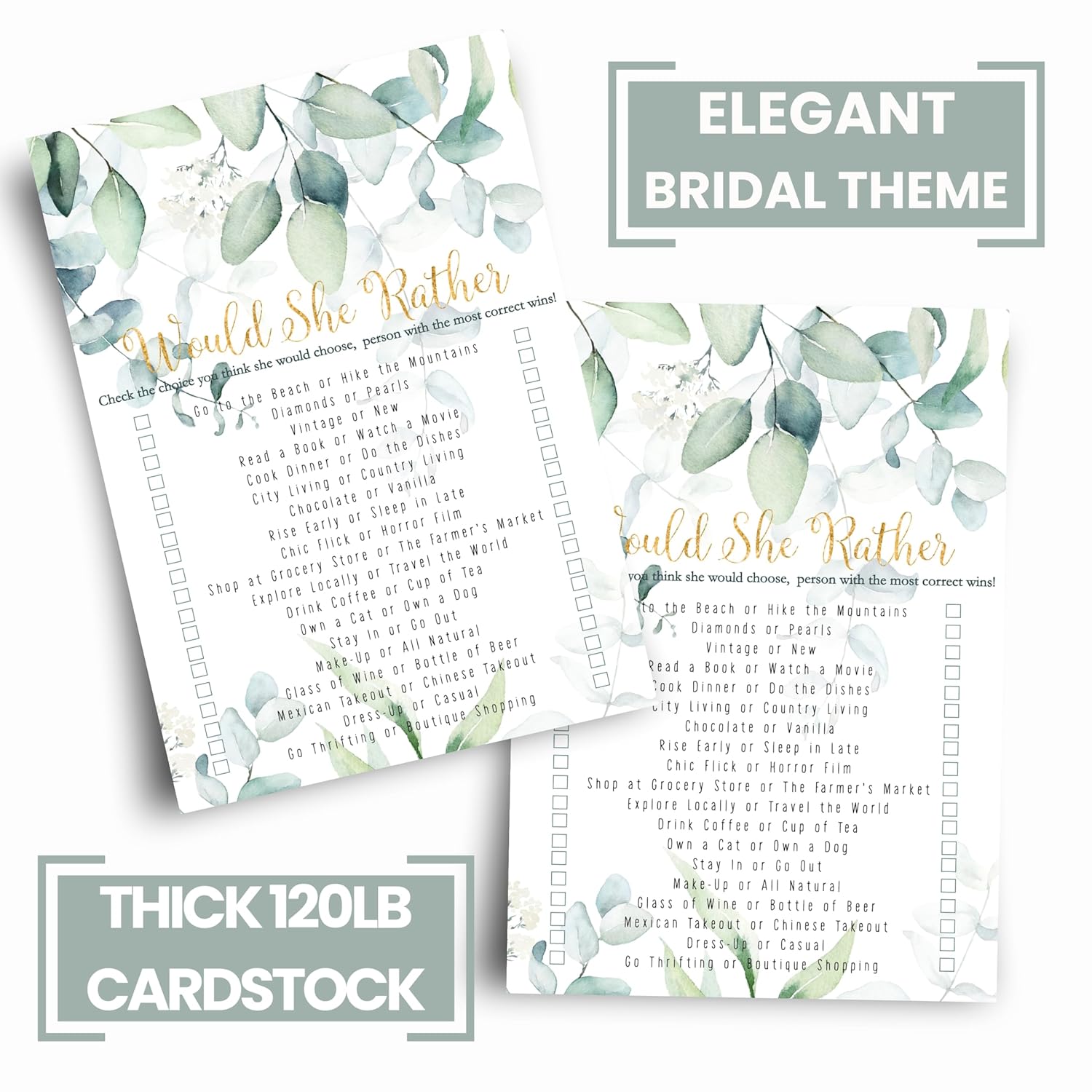 Greenery Bridal Shower Games - 25 Cards - Who Knows The Bride Best & Would She Rather - Rustic Botanical Designs For Wedding Reception, Bridal Showers, Or Birthday Celebrations - 5X7 Pack