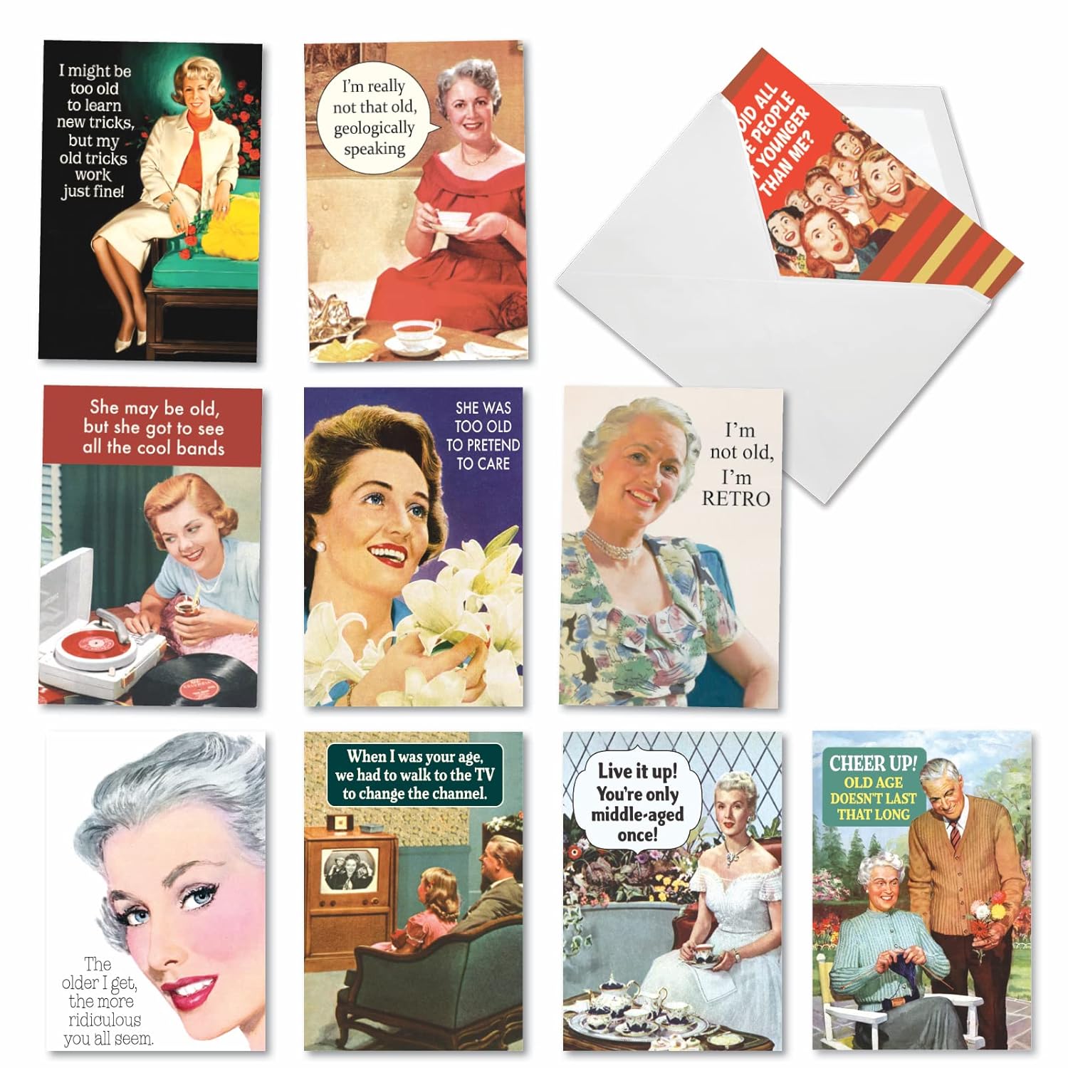 - 10 Funny Birthday Cards Assortment - Adult Retro Notecard Set, Bulk Boxed Humor - Old Enough To Know Better A1236