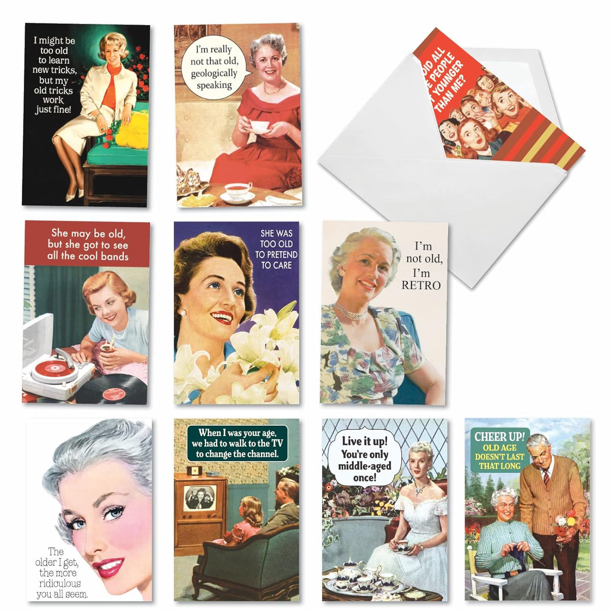 - 10 Funny Birthday Cards Assortment - Adult Retro Notecard Set, Bulk Boxed Humor - Old Enough To Know Better A1236