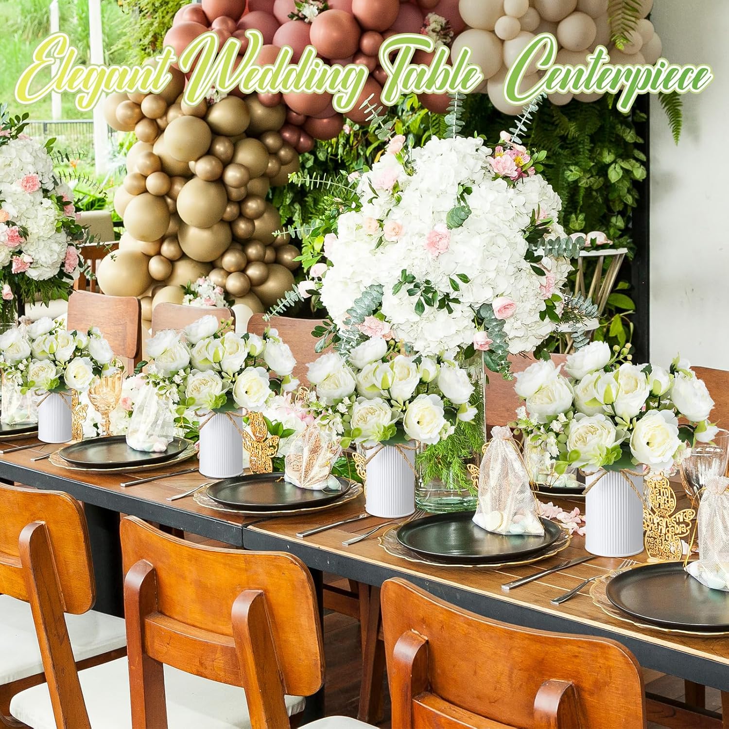 6 Sets Artificial Peonies Flower Peony Bouquet With Galvanized Metal Pot Silk Fake Peonies Faux Flower Arrangements For Wedding Table Centerpiece Party Home Room (White)