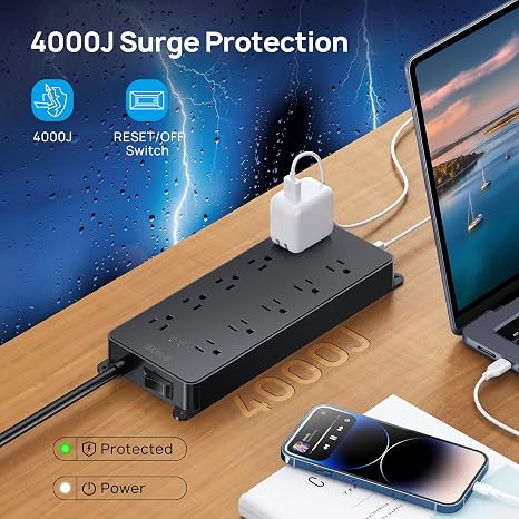 Surge Protector Power Strip 10 Outlets 4 USB Ports 2 USB C 4000J 5FT Flat Plug Wall Mount Black