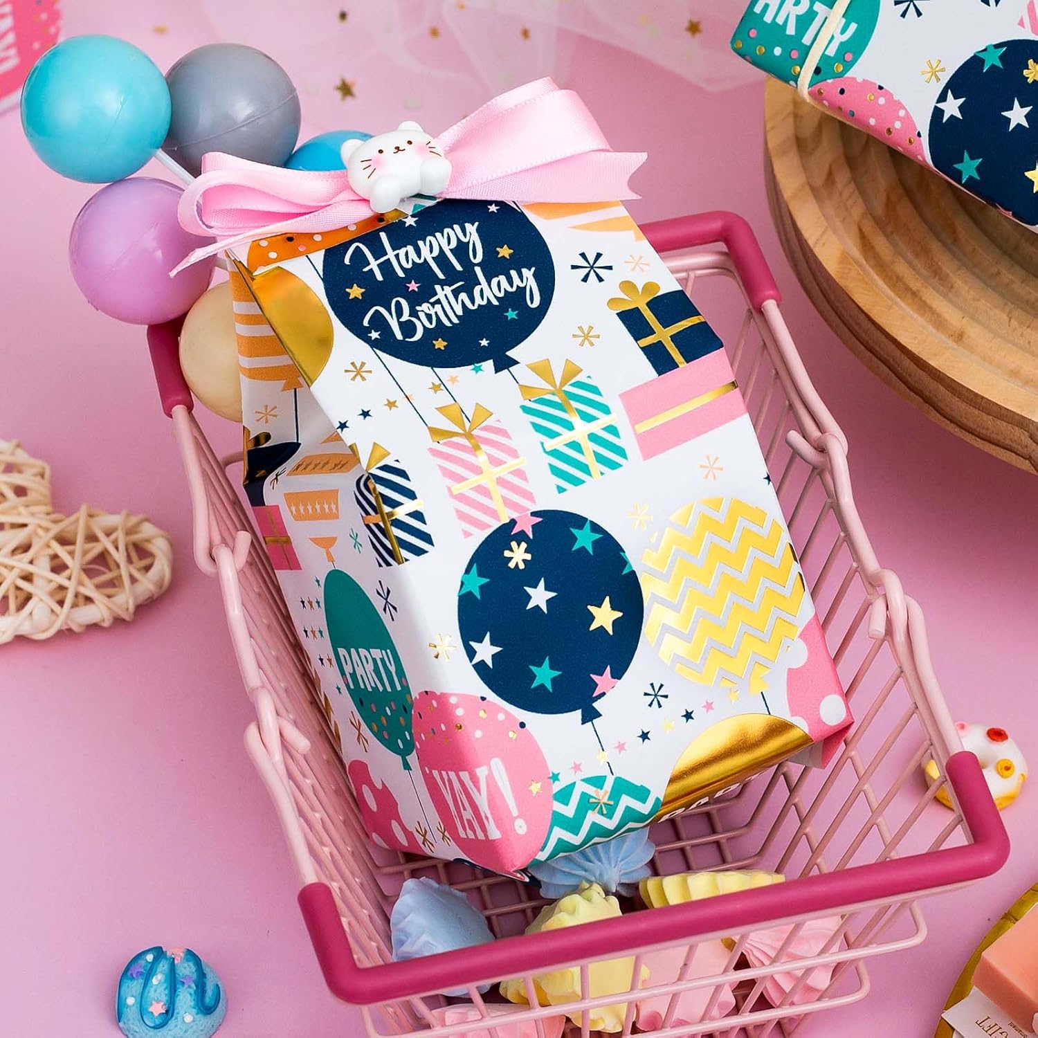 Birthday Wrapping Paper Roll - Cute Colorful Balloon With Gold Foil Metallic Shine Gift Wrap Paper For Birthday, Baby Shower, Party - Mini Roll - 17 Inch X 33 Feet