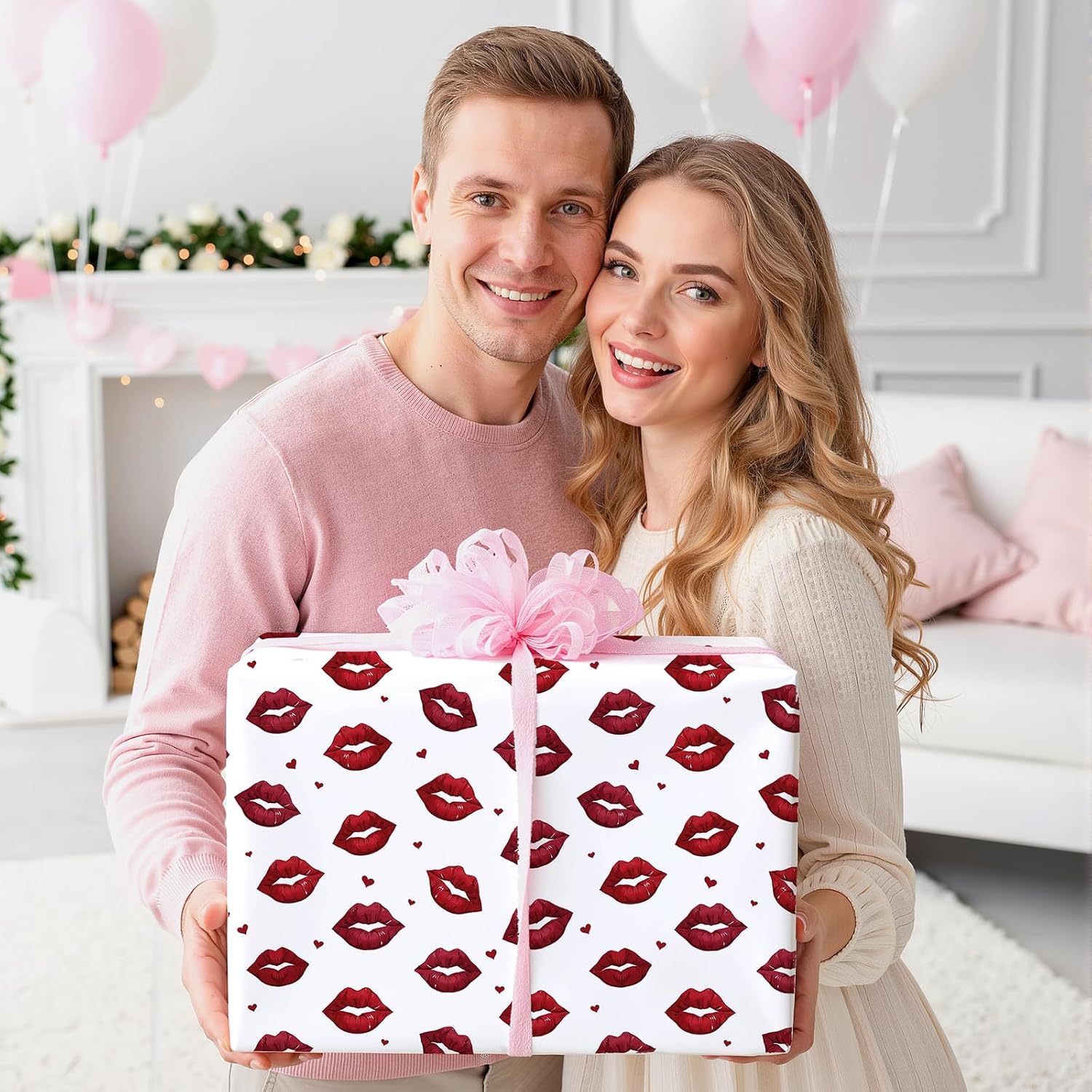 Valentine'S Day Red Lips Wrapping Paper Roll - 17In X 16.4Ft - Romantic Wrapping Paper With Red Lips & Red Hearts Design - Ideal For Bridal Shower, Wedding, Birthday, Valentine'S Day
