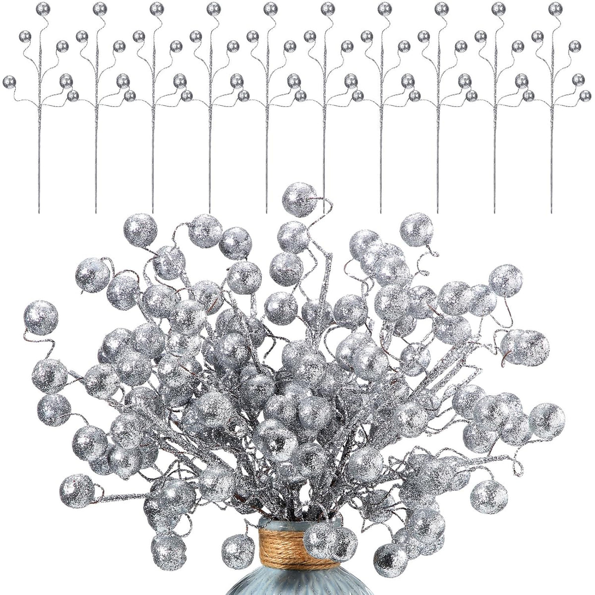30 Pcs 14 Inch Silver Christmas Tree Picks And Spray Glitter Ball Curly Picks Large Artificial Berry Stems And Sticks For Christmas Tree Decor Holiday Vase Fillers Topper Ornaments