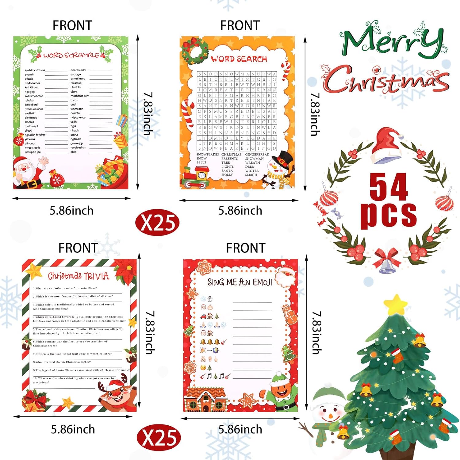 54 Pcs Christmas Trivia Party Game Cards,Christmas Word Search Trivia Scramble Game Cards Set For Xmas Eve Winter Party Supplies Coworkers Holiday Activity