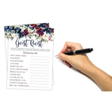 Navy And Burgundy Floral Bridal Shower Bachelorette Games - He Said She Said, Find The Guest Quest, Would She Rather, What'S In Your Phone - 25 - Printed Front And Back