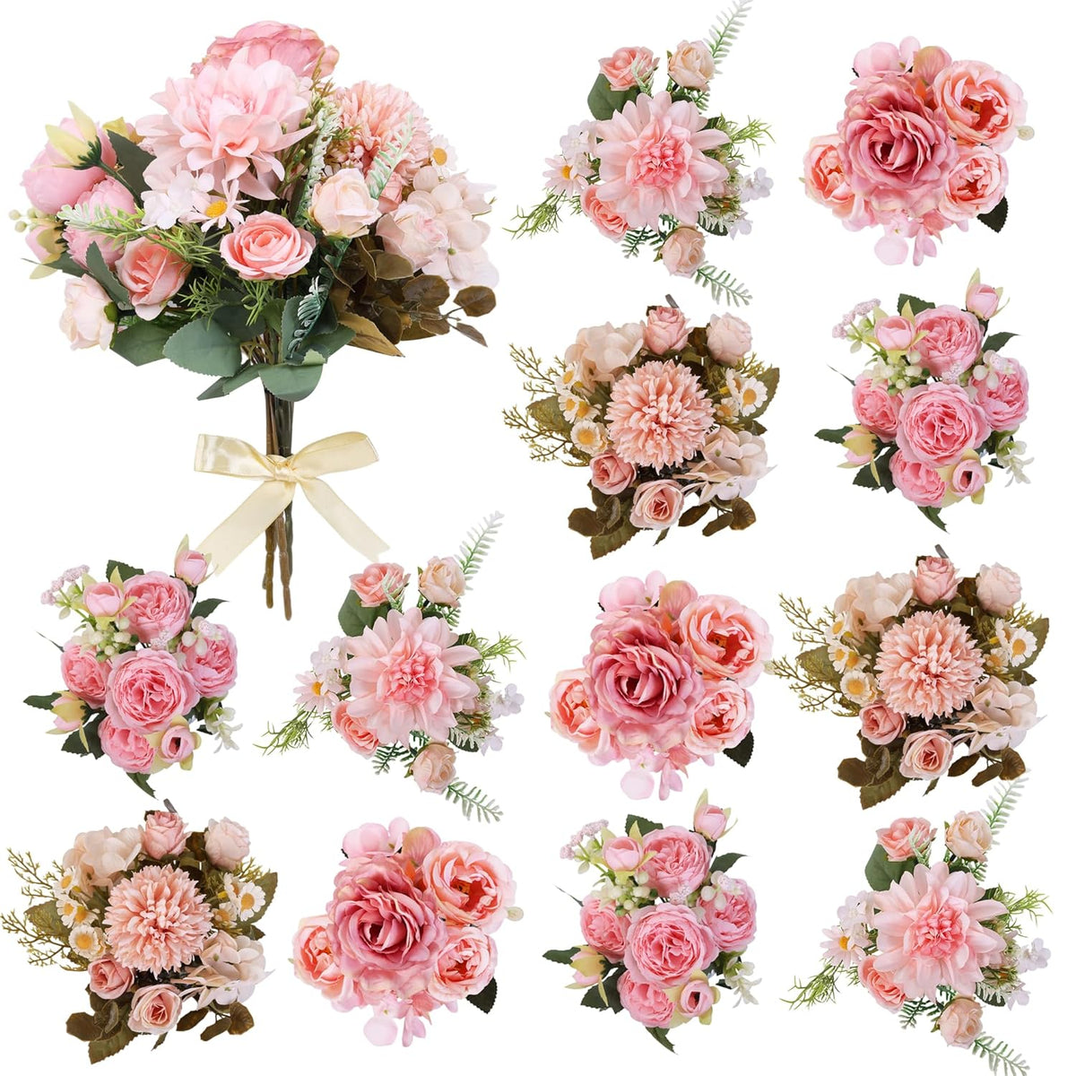Bulk 12 Bundles Artificial Peonies Flowers, Silk Roses, Faux Dahlias & Chamomile In Hydrangea Bouquet For Vase Filler, Wedding Centerpiece, Home Party Decor