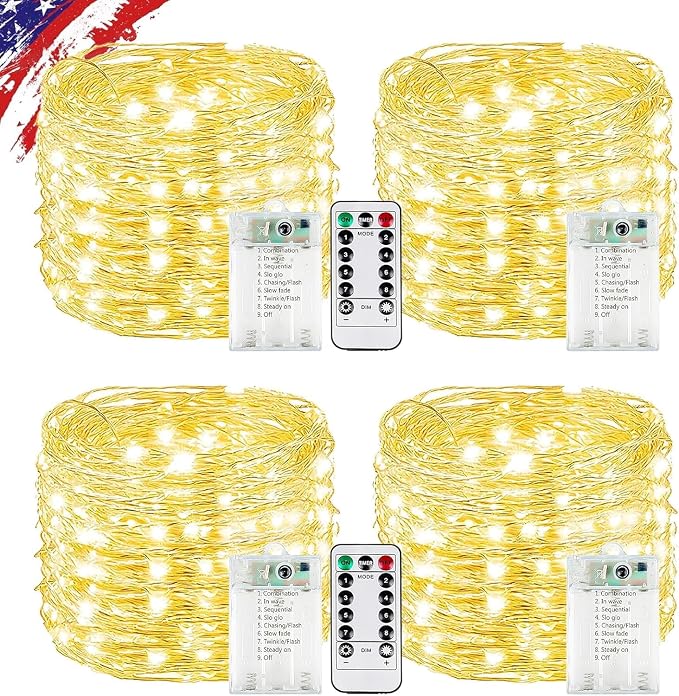 4 Pack Battery Operated Fairy Lights 80FT 240 LED Warm White String Lights with Remote Timer 8 Modes Waterproof for Bedroom Wedding Decor