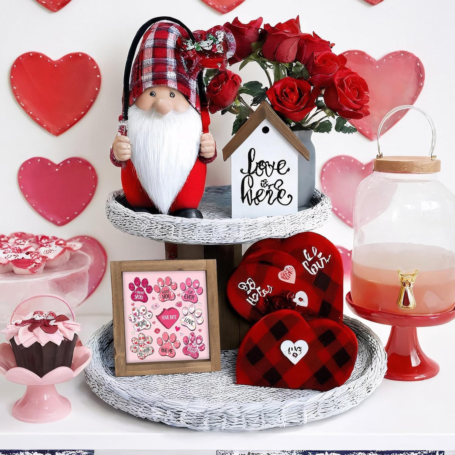 Pink Pet Valentines Day Decor, Wooden Love Xoxo Sign, Valentine'S Day Decorative Signage Plaque Indoor Table Wall Shelf Desk Tiered Tray Rustic Farmhouse Home Decorations Cat Dog Lovers Gift