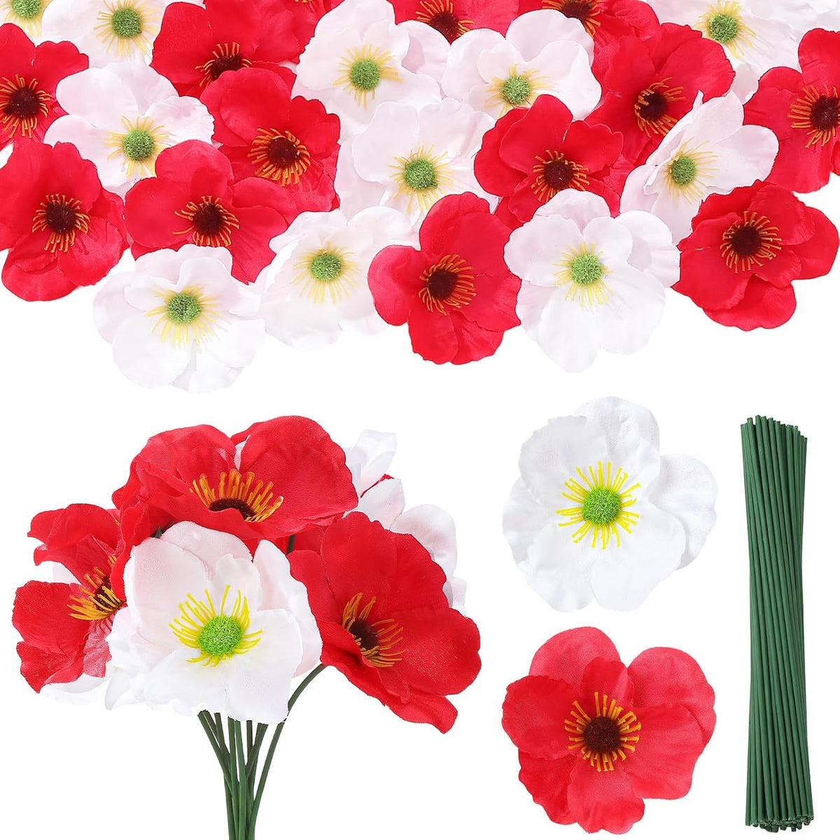 60 Pcs Artificial Silk Poppy Flowers Red, White Fake Poppies Heads Remembrance Memorial Veterans Day Decor Bulk Party Halloween Wedding Bouquet Diy