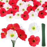60 Pcs Artificial Silk Poppy Flowers Red, White Fake Poppies Heads Remembrance Memorial Veterans Day Decor Bulk Party Halloween Wedding Bouquet Diy