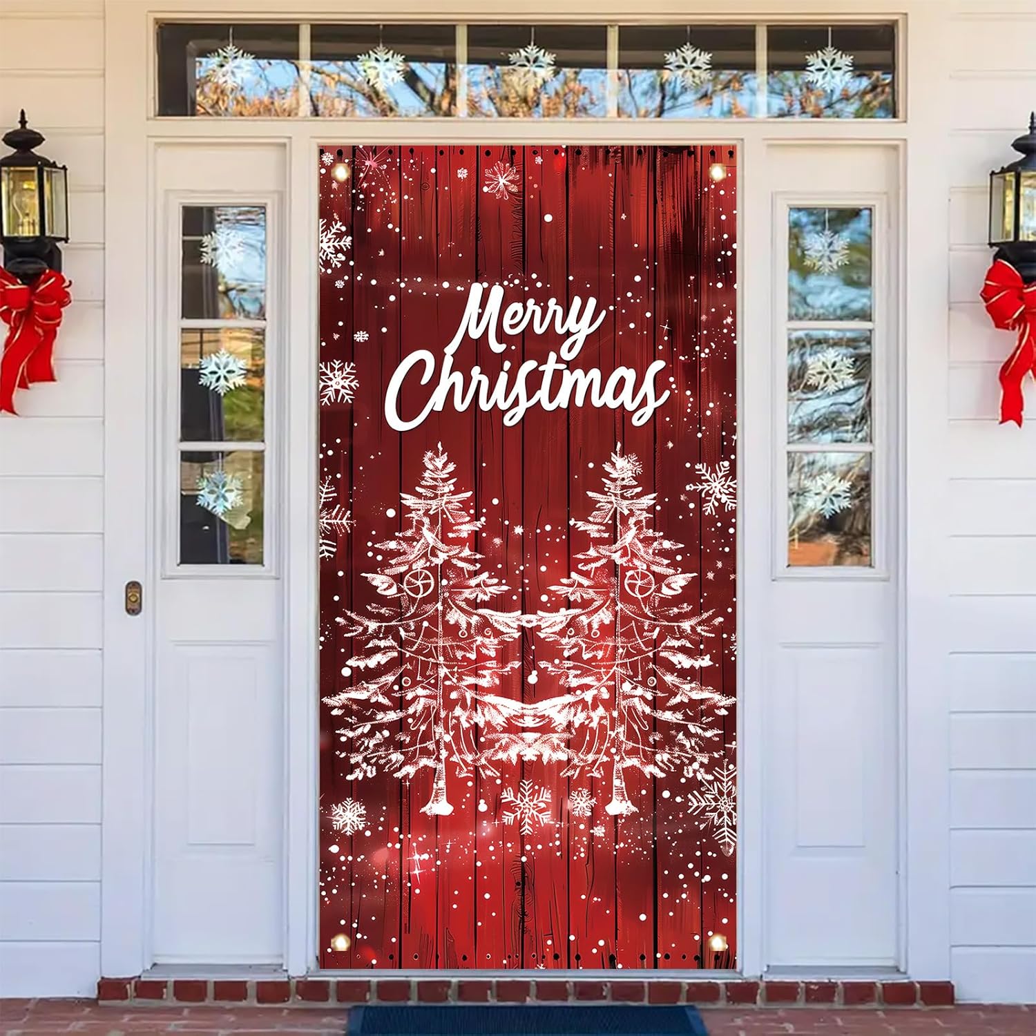 Merry Christmas Door Cover Banner 35X71 Inch Winter Holiday Red Wood Wall Backdrop Snowflake Tree Door Cover Seasonal Front Porch Hanging Welcome Sign For Xmas Decorations