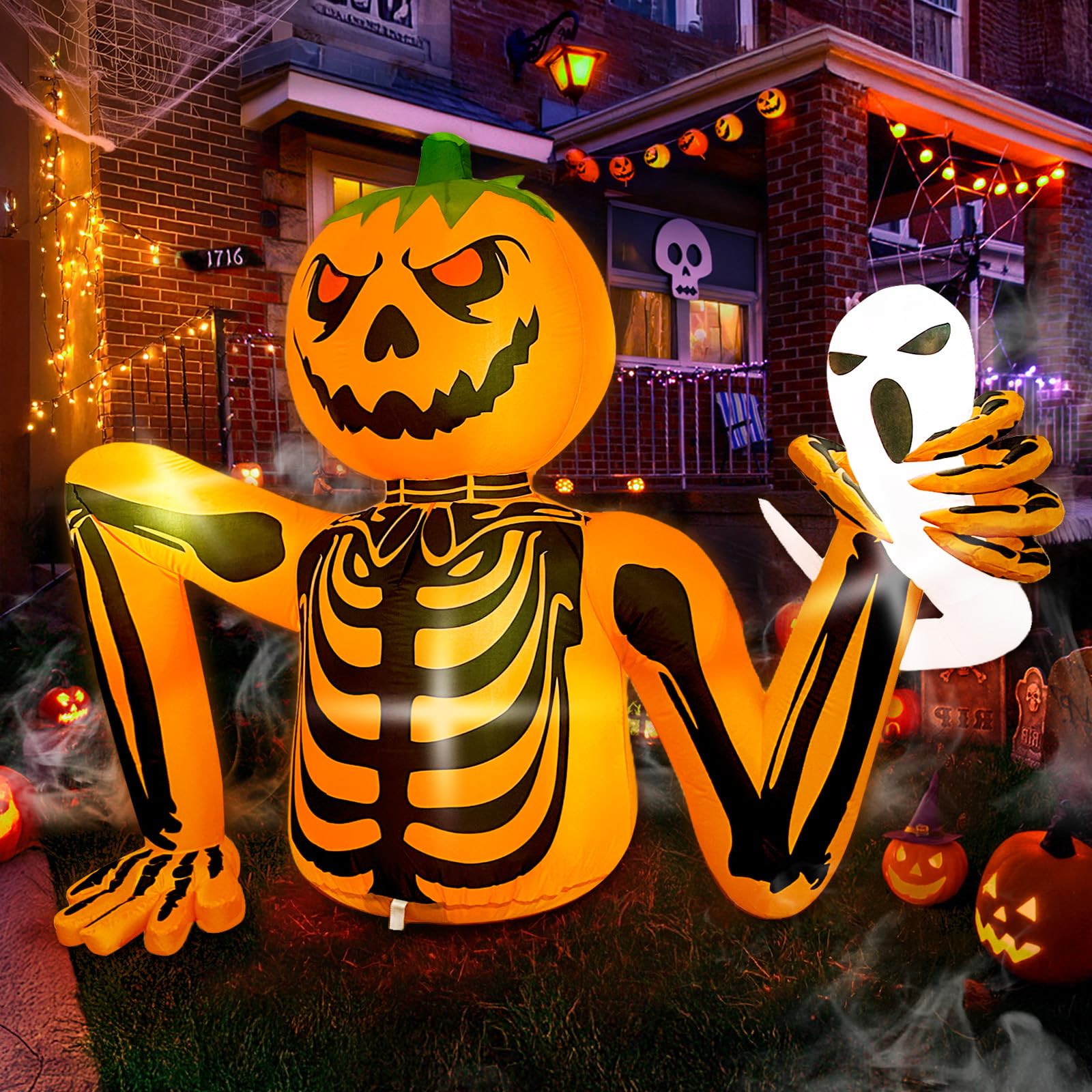 Halloween Inflatable Pumpkin Skeleton, 5FT Outdoor Halloween Decorations