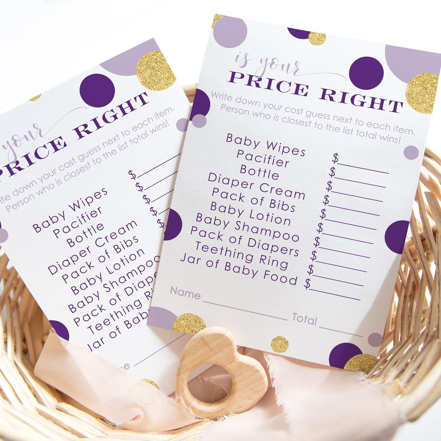 Purple And Gold Baby Shower Games - Guess The Price Is Right - Fun Baby Shower Activities For Guests - 25 Gender Neutral Cards For Prince Or Princess Themes