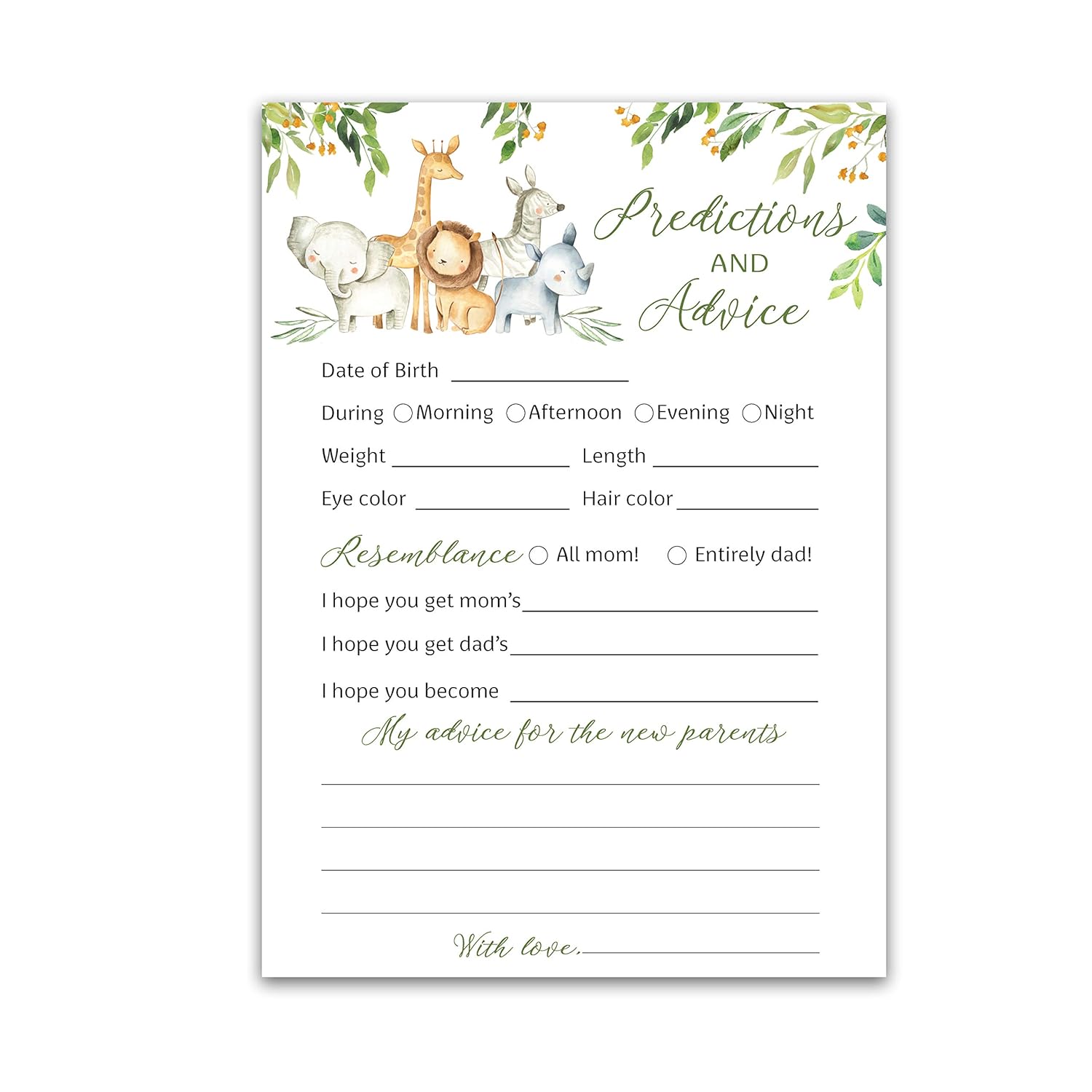 Safari Animals Prediction And Advice Cards - Pack Of 25 - Country Rustic Jungle Theme Baby Shower Games, Wishes For New Parents Mom & Dad To Be Mommy & Daddy Message Shower Activity Keepsake G550-Pdav