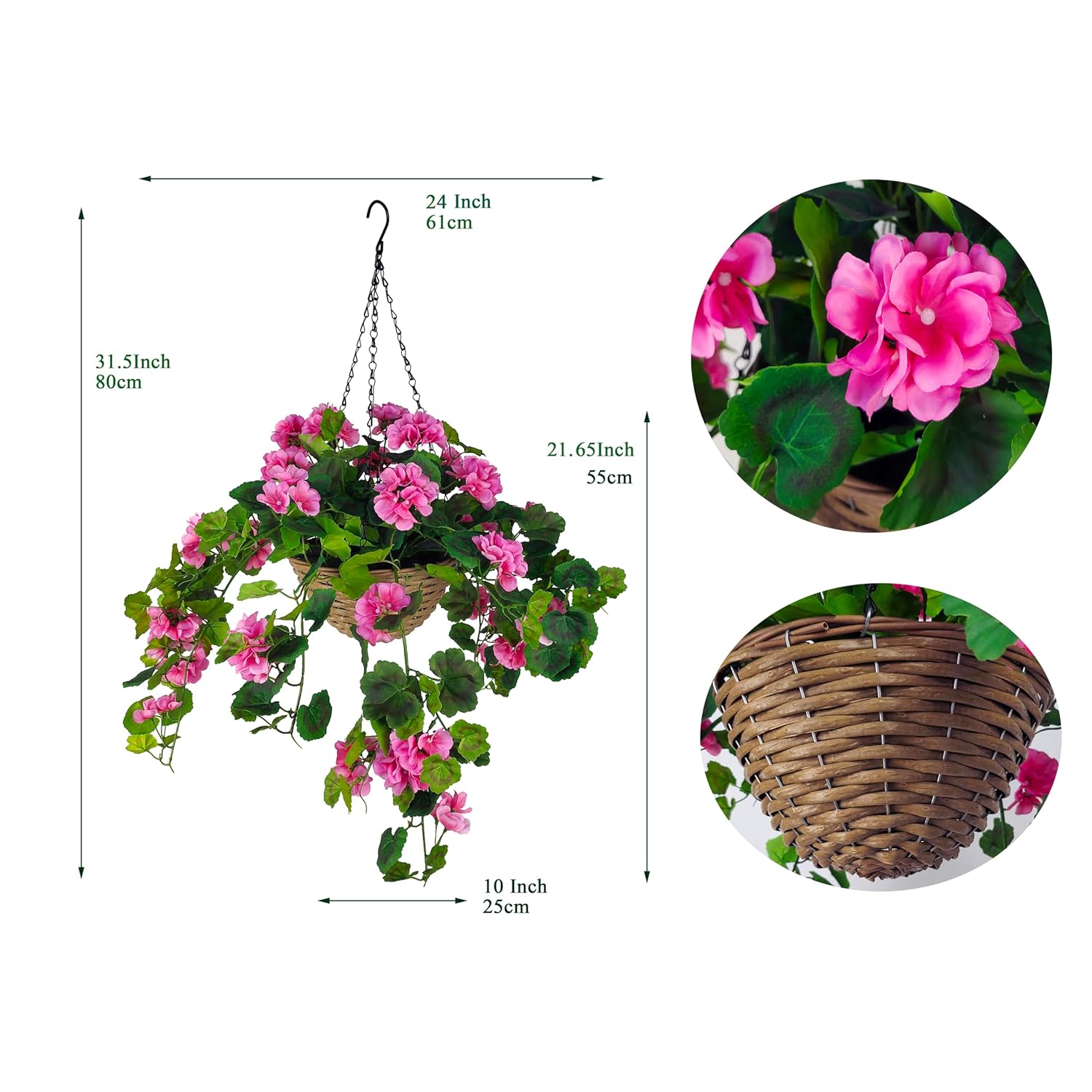365 Blooming Decor 31.5"X 24" Artificial Hanging Pink Geranium-Lifelike Flowers With Durable Plastic Wicker Style Basket, Weather Resistant For Porch, Patio, Garden Decor, Adj. Branches, Easy Assembly