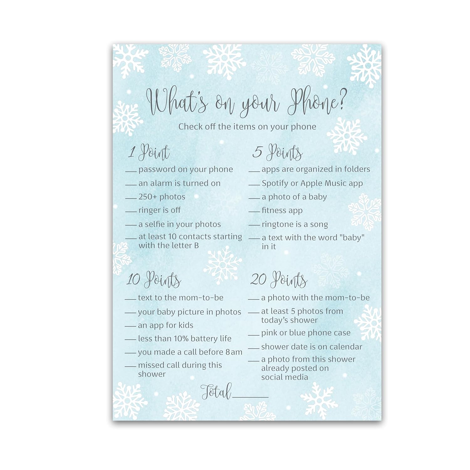 Snowflakes Boy Baby Shower Games — What'S On Your Phone Game — Pack Of 25 —Winter Wonderland Baby Shower Activity, Baby It’S Cold Outside Frost Holiday Blue Couples Co-Ed Shower G781-Phn