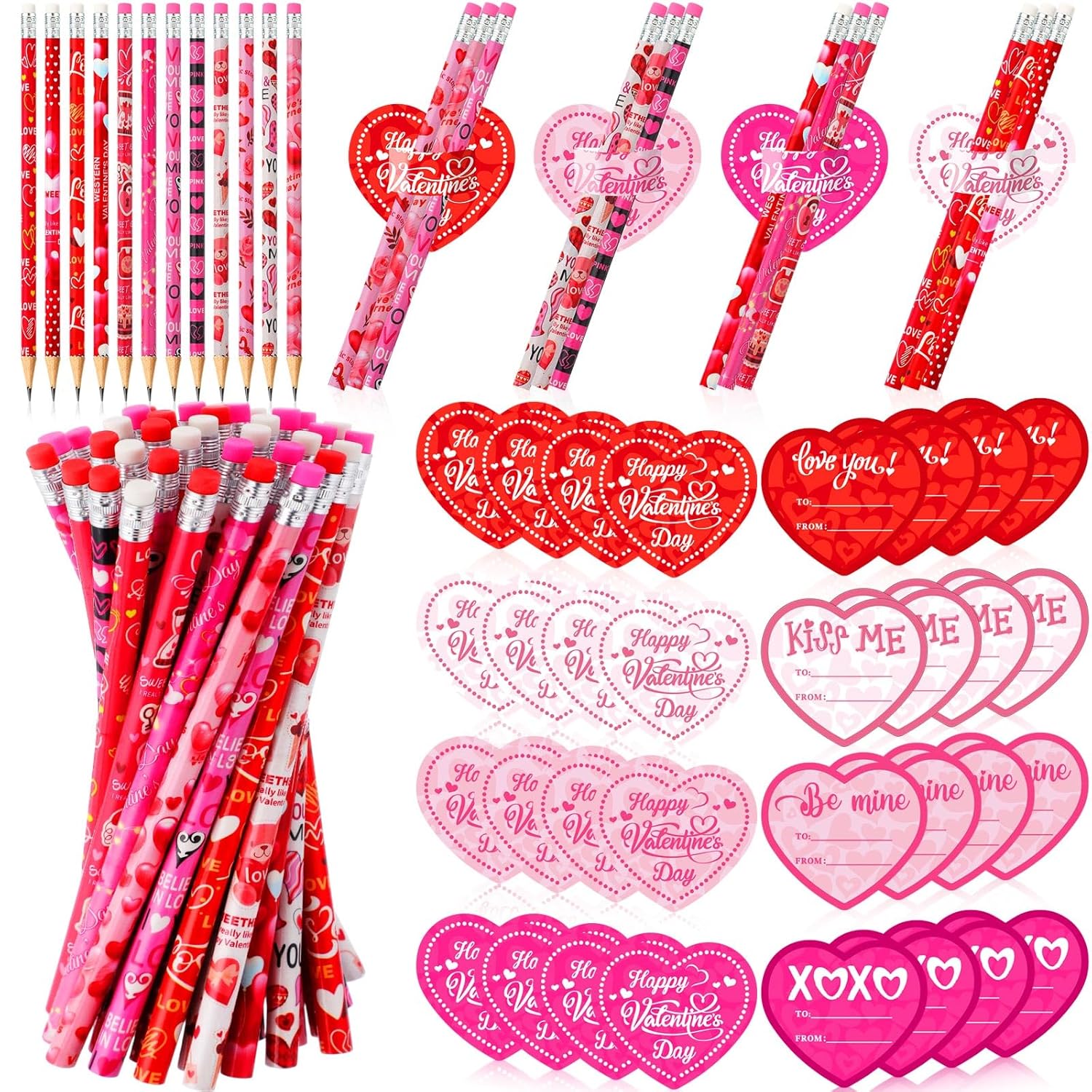 48 Pack Valentine'S Day Heart Pencils Bulk And Valentine Exchange Card For Valentine Party Favor Office Rewards Gift Exchange Prizes Supplies
