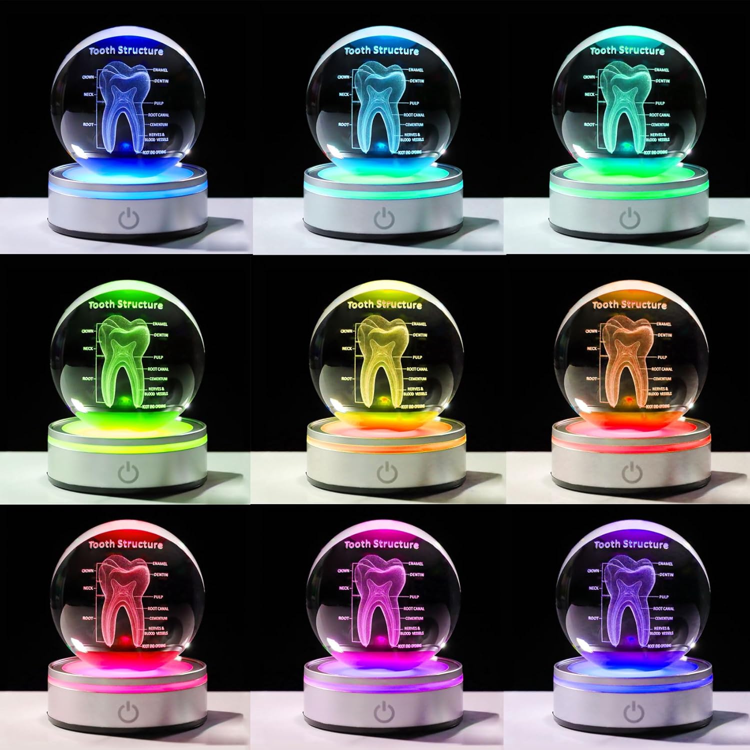 Tooth Model 3D Crystal Ball Dental Gifts For Women Men, Dentist Hygienist Present Office Decor With Led Base, Laser Etched Figurine Tooth Gift For Dental Student On Graduation Christmas