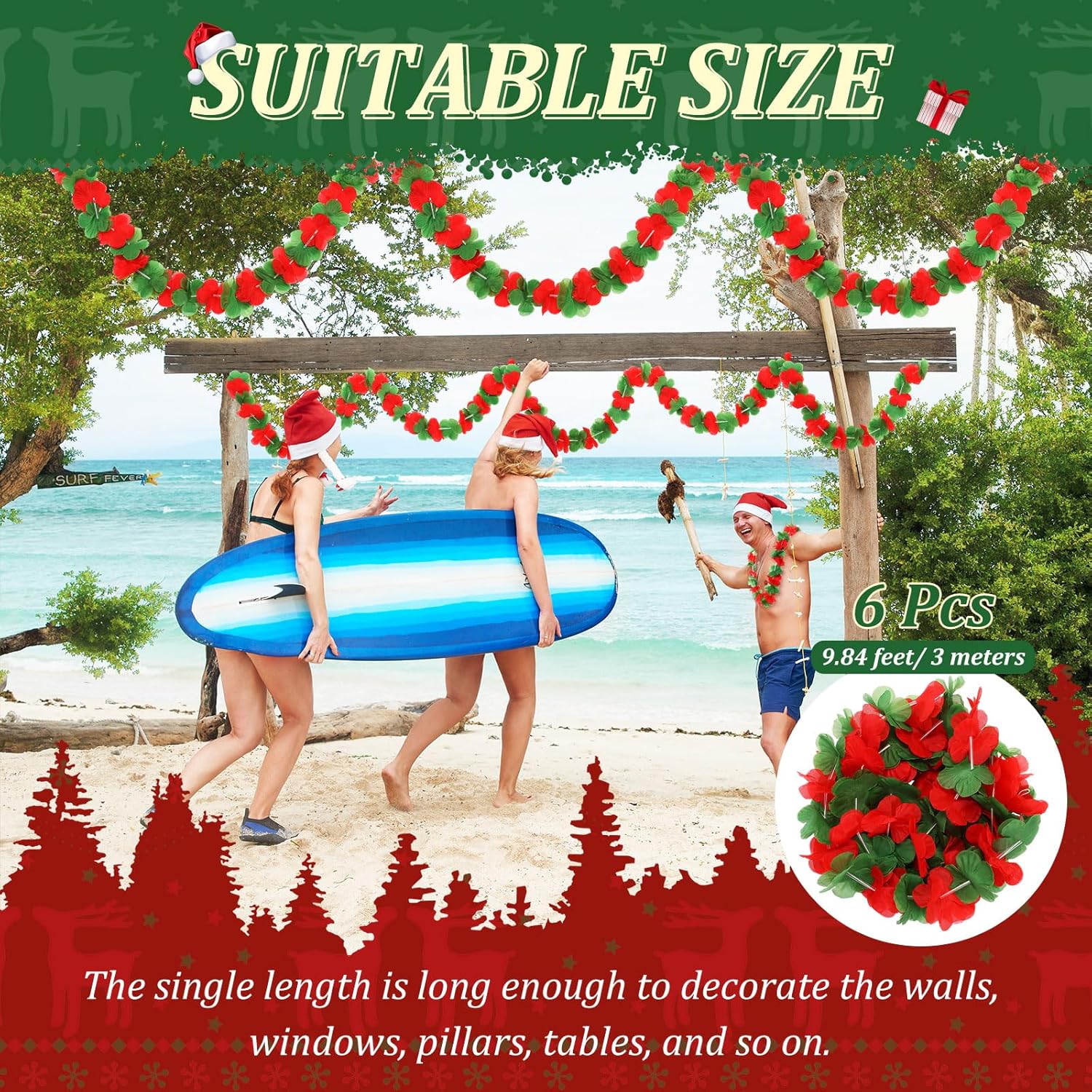 6 Pcs Christmas Hawaiian Leis Red And Green Leis Flower Garlands 59 Feet Length Wreath Necklace For Christmas Themed Party