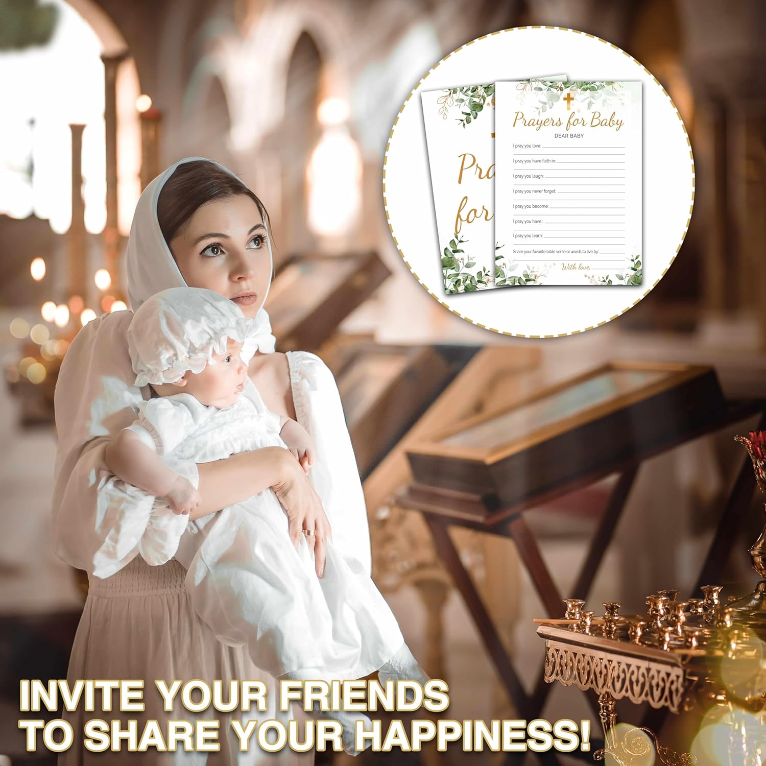 Eucalyptus Baptism Games, Prayers For Baby Game, Gold Foil Greenery Theme First Holy Communion Religious Party Games, Baby Shower Party Activities & Gender Reveal Party Decorations -30 Game Cards(01)