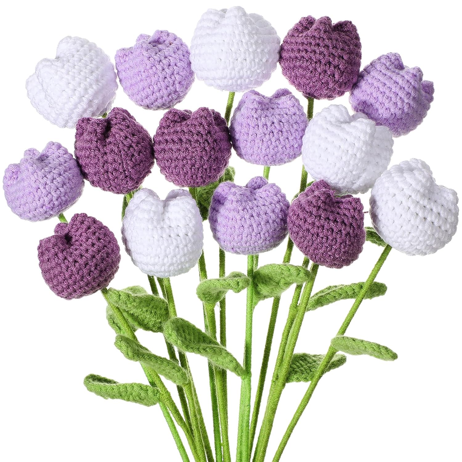 15 Pcs Crochet Tulips Flowers 16.5 Inches Handmade Crochet Tulips Artificial Dark Purple Violet White Knitted Tulipanes Fake Finished Bouquets Decoration Gift For Birthday Valentine Mother Day