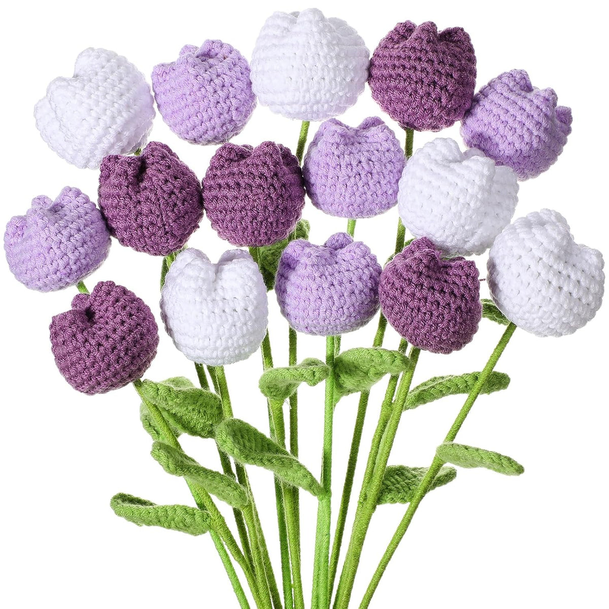 15 Pcs Crochet Tulips Flowers 16.5 Inches Handmade Crochet Tulips Artificial Dark Purple Violet White Knitted Tulipanes Fake Finished Bouquets Decoration Gift For Birthday Valentine Mother Day