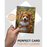 Charming Corgi With Flowers Greeting Card - Blank Inside For Personalized Messages, Premium Cardstock, Invitation Style White Envelope, Unique Artwork, Made By Small Business In Usa