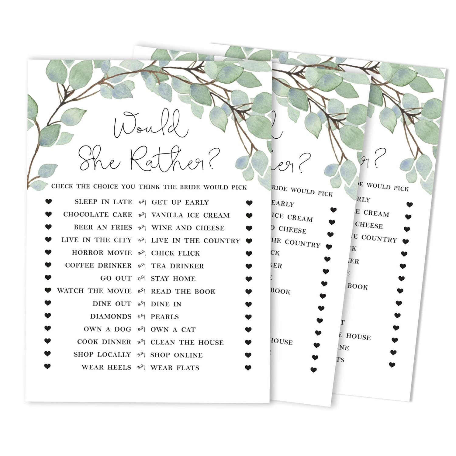 Would She Rather Bridal Wedding Shower Game Greenery Funny Rehearsal Dinner Guessing Game Bridal Shower Party Game Ideas