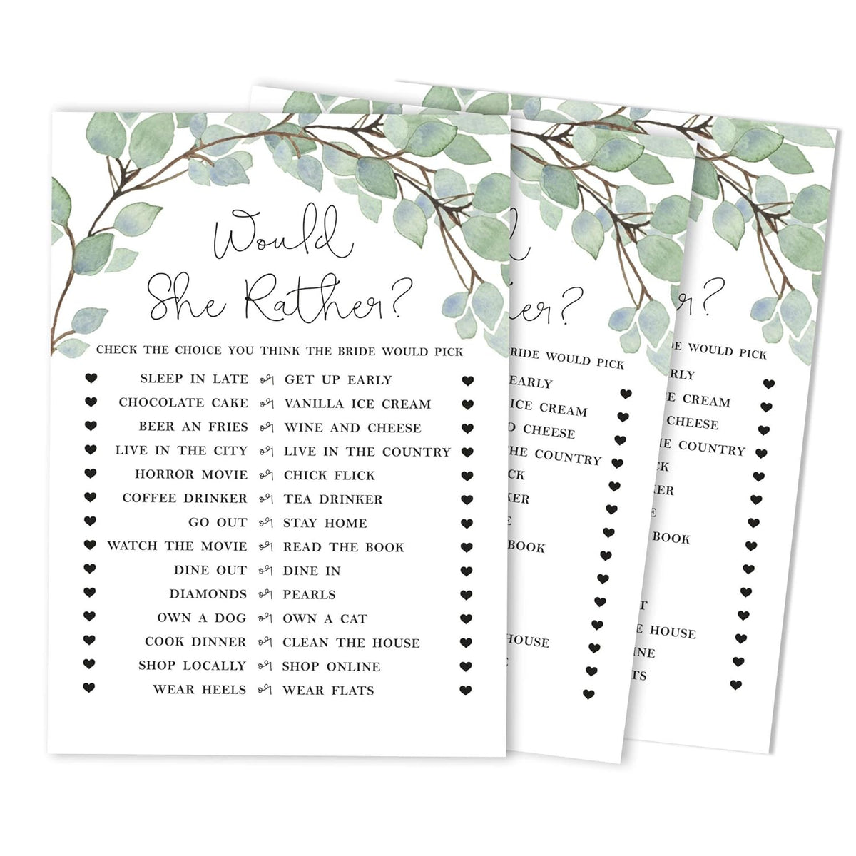 Would She Rather Bridal Wedding Shower Game Greenery Funny Rehearsal Dinner Guessing Game Bridal Shower Party Game Ideas
