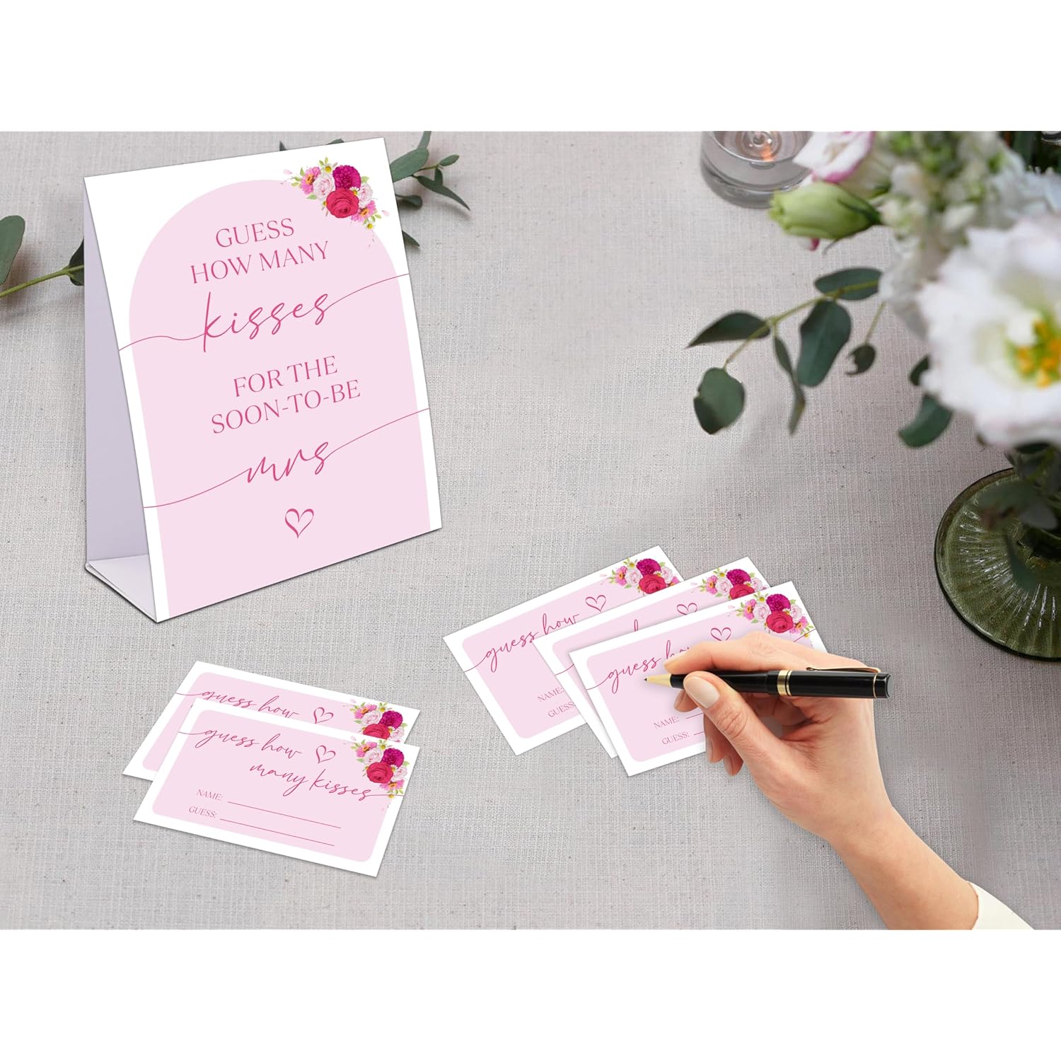 Pink Floral Bridal Shower Game, Guess How Many Kisses For The Soon To Be Mrs, Pack Of 1 Sign And 50 Guessing Cards, Modern Bridal Shower Decorations, Wedding Shower Supplies - 01