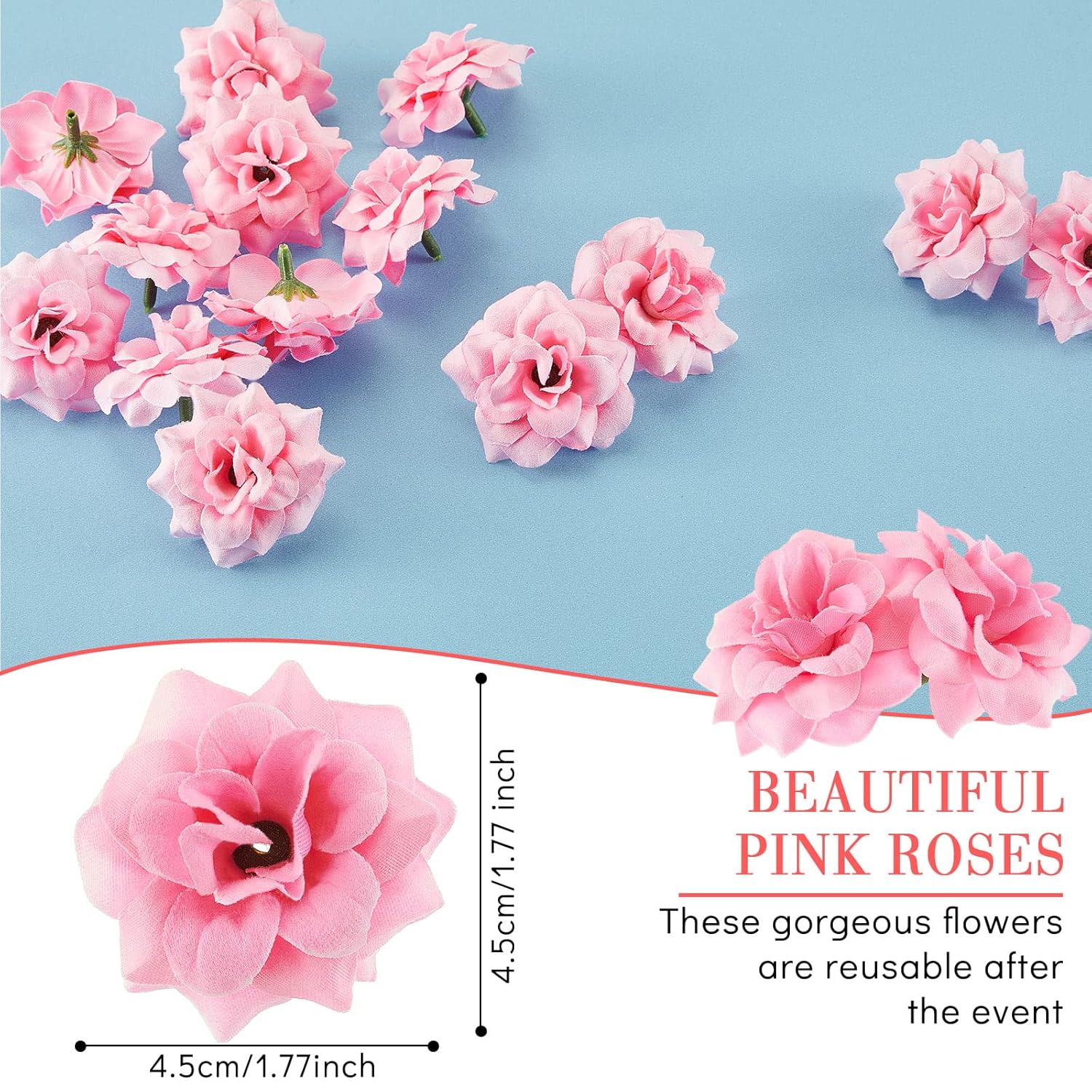 100 Pieces 1.77" Pink Artificial Roses Head Bulk Small Silk Fake Rose Buds For Decoration, Diy Crafts, Wedding Centerpieces Bridal Shower Party Home Garland Decor