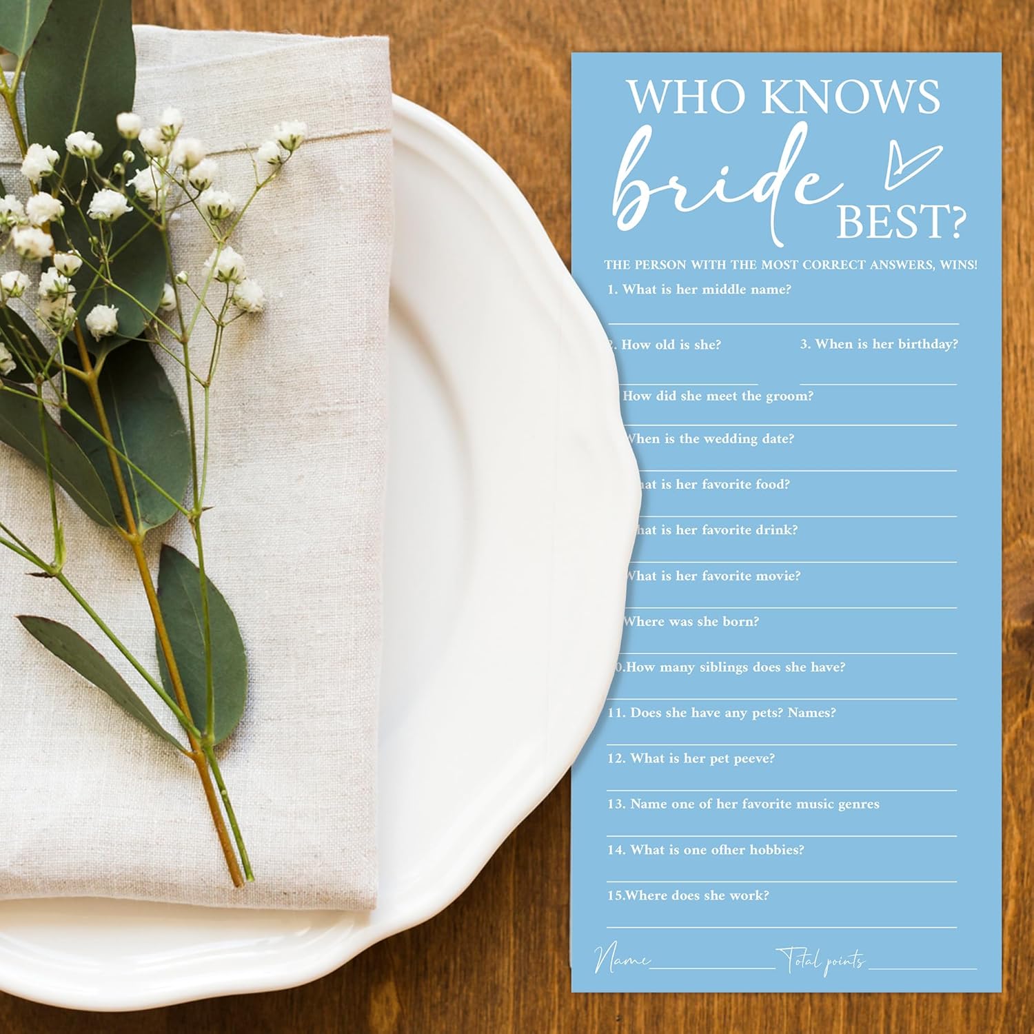 Minimalist Blue Wedding Shower Games Cards, Who Knows Bride Best, Bridal Shower Games, Engagement Party Wedding Card For 25 Guests, Bridal Party Supplies 4X9Inch-A16