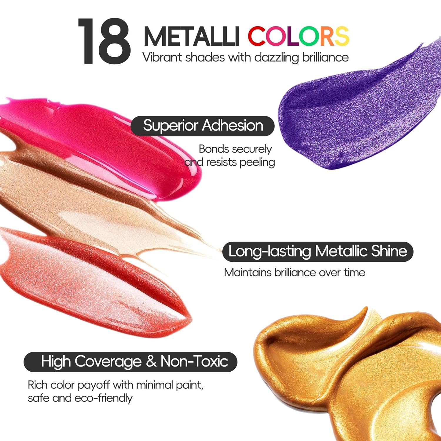 Metallic Acrylic Paint, Set Of 18 Metallic Colors In 1Oz Bottle, Non Fading, Non Toxic For Artists, Beginners, Crafting On Crafts,Canvas,Wood,Ceramic, Fabric,Stone