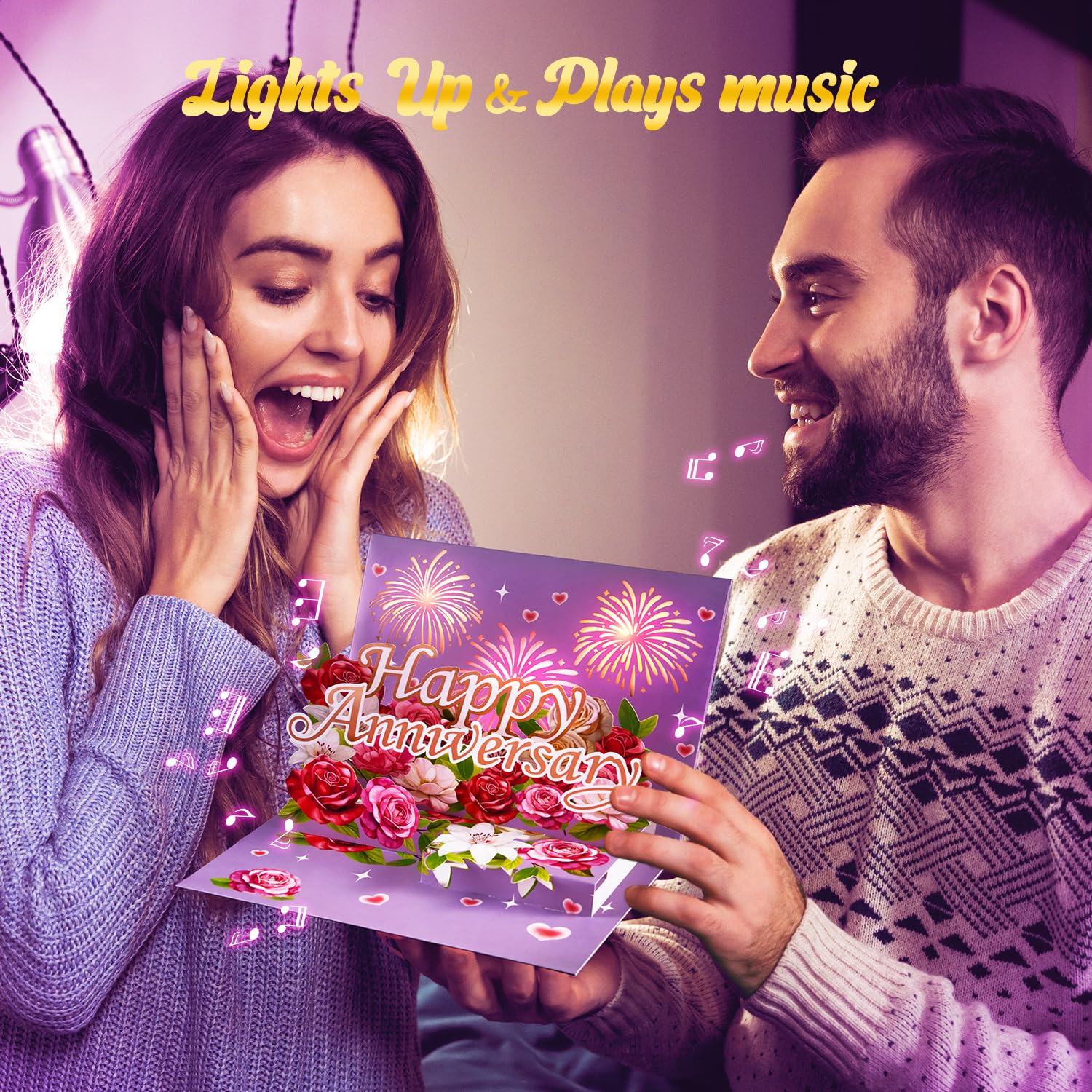 Anniversary Card With Music & Lights, 3D Pop Up Happy Anniversary Cards For Him Her Husband Wife Men Women, Ideal Gift For Wedding Anniversary, Couples And Valentine’S Day