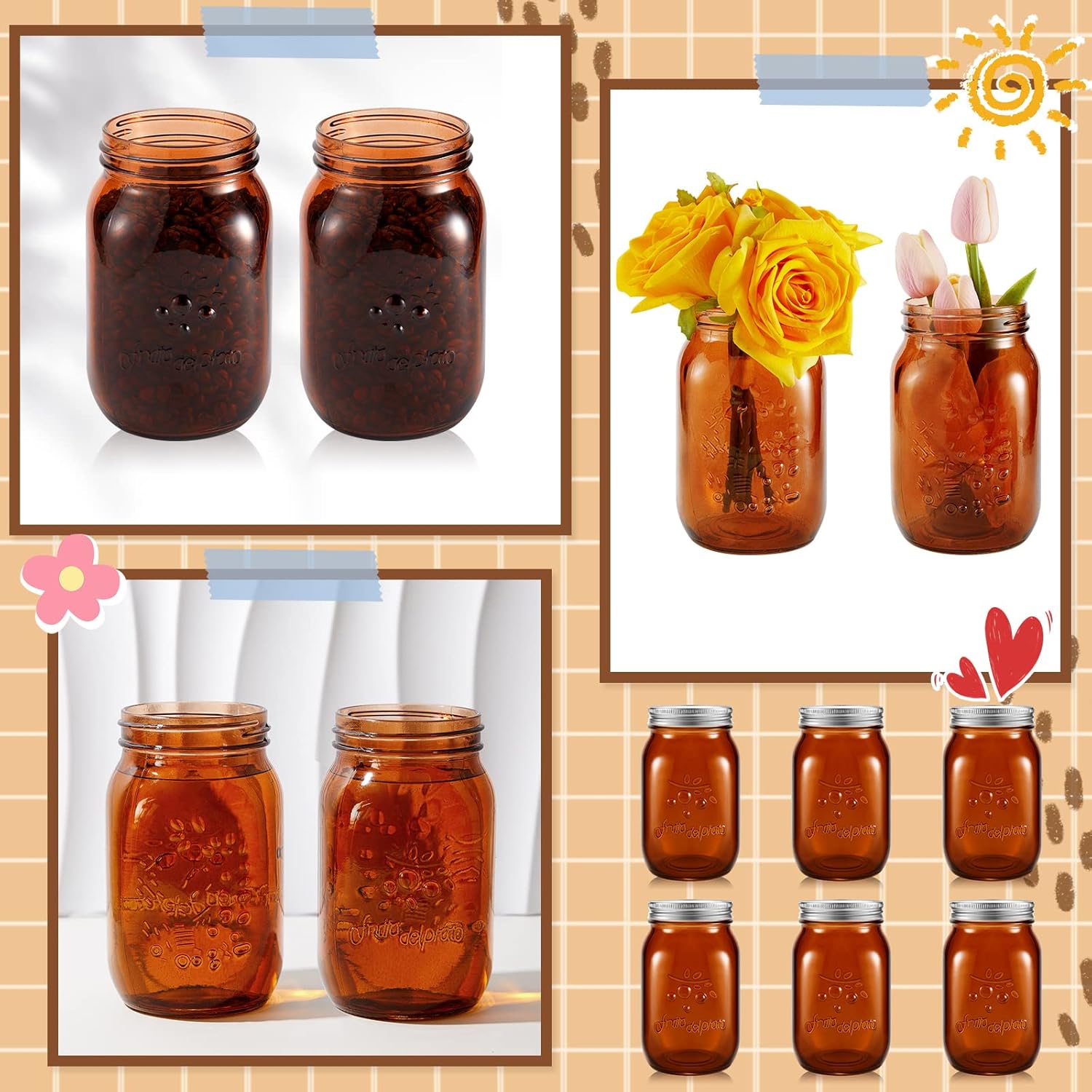 12 Pcs Bulk Amber Mason Jars With Lids 16 Oz Decorative Centerpieces Glass Pint Canning Containers Regular Mouth For Flower Food Storage Wedding Halloween Christmas Diy Crafts